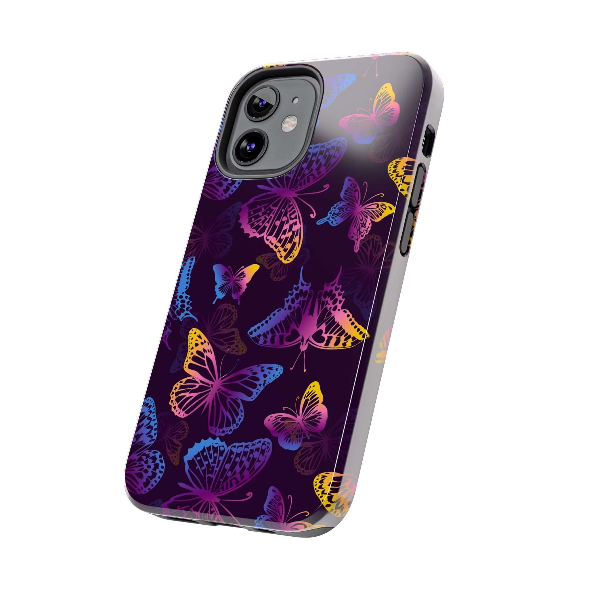 Midnight Flutter Black Butterfly MagSafe iPhone Case with vibrant butterfly design, a cute floral phone cover perfect for butterfly lovers.