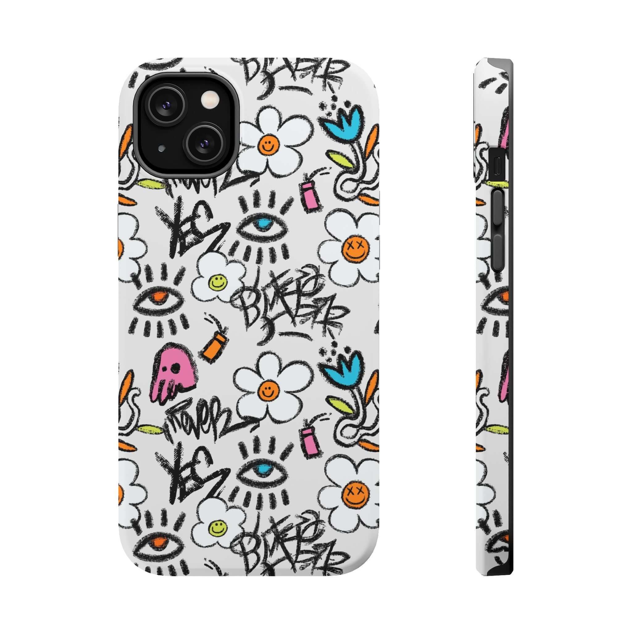 Cute Floral Graffiti Phone Case for iPhone with vibrant colors and playful design. Perfect casual accessory!