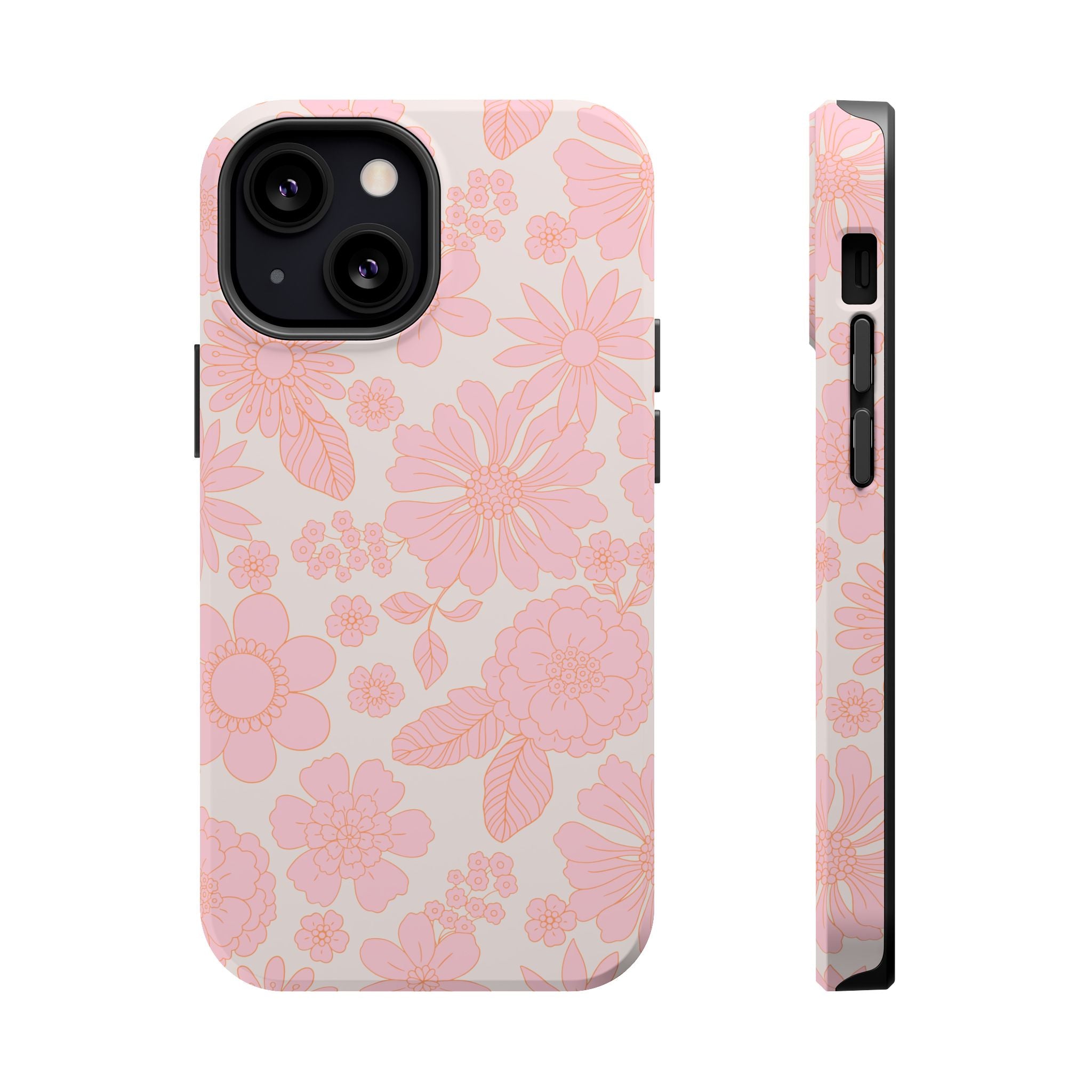 Pink floral MagSafe iPhone 16 case with charming petals design, perfect for cottagecore aesthetic and phone protection.