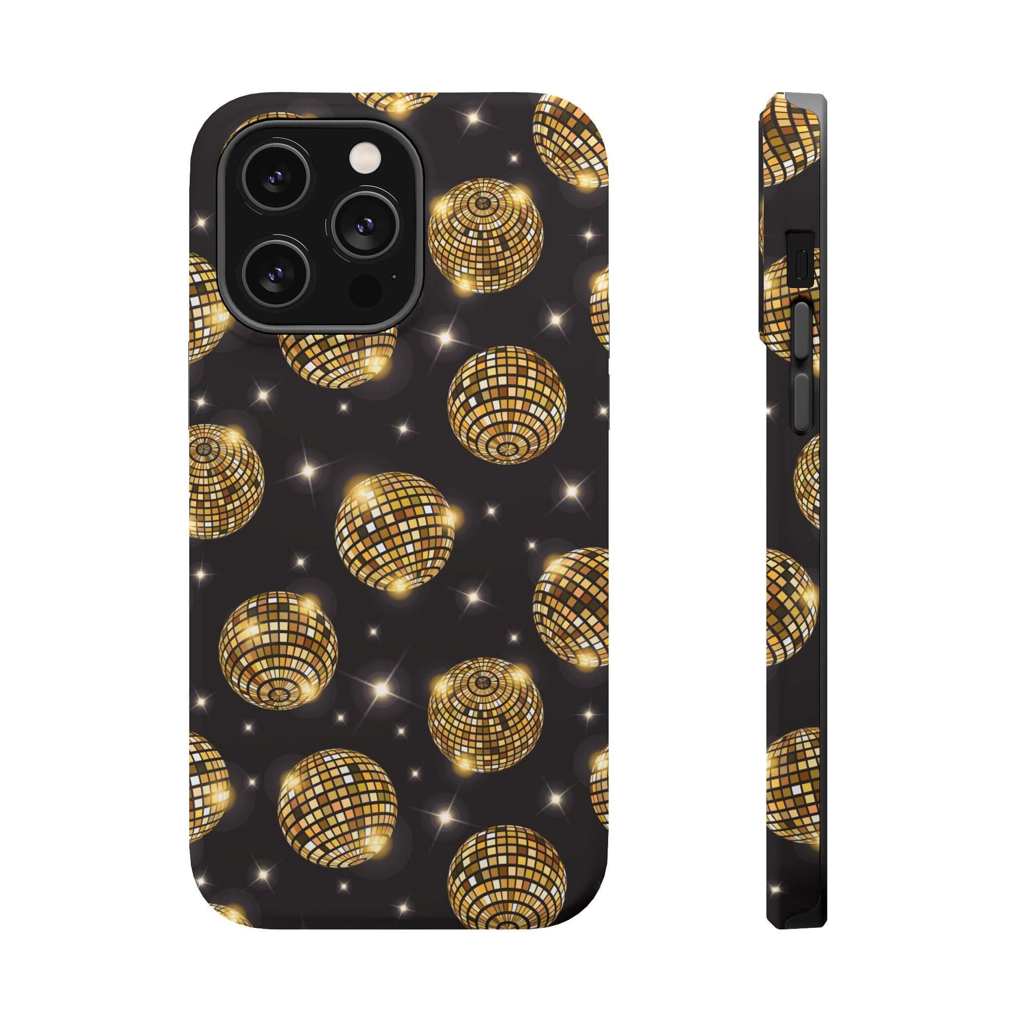 Cute iPhone 14 case with gold disco ball design, perfect phone cover for a night out, free shipping included.