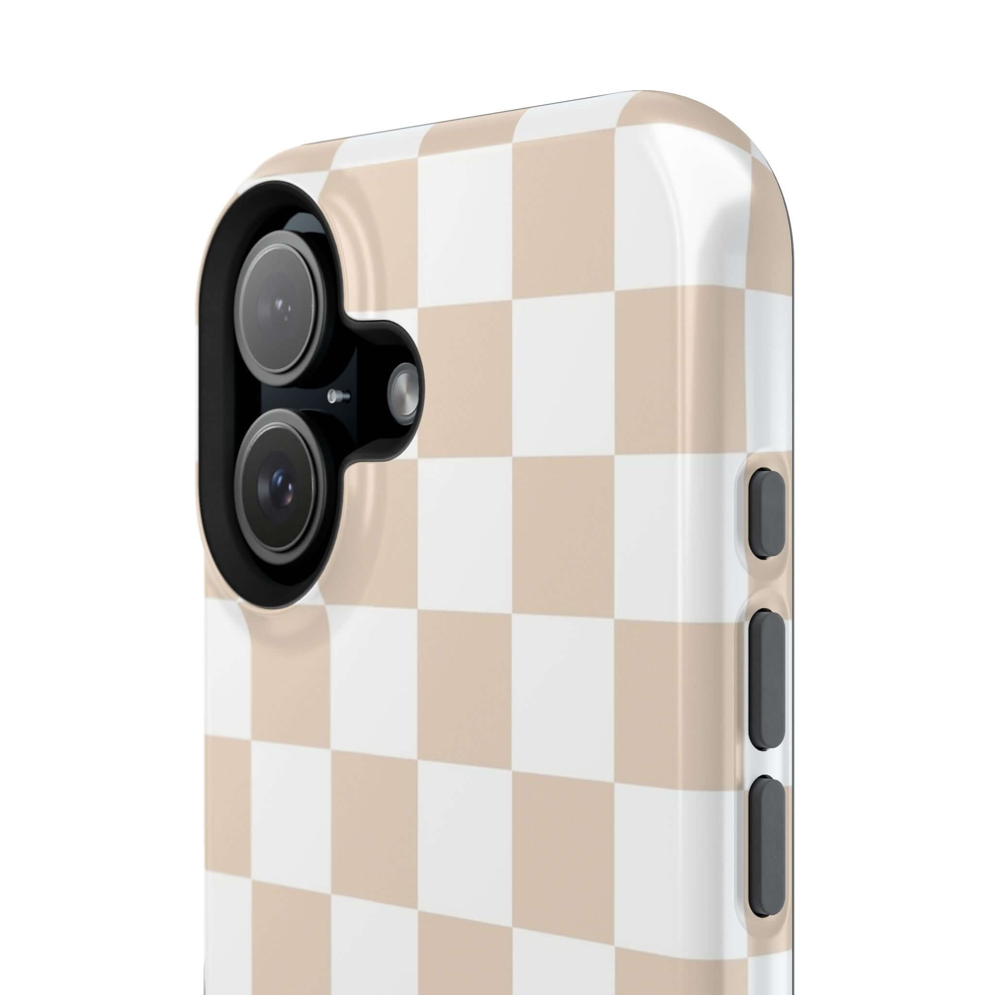 Cream checkered MagSafe iPhone 16 case with a cute protective design.