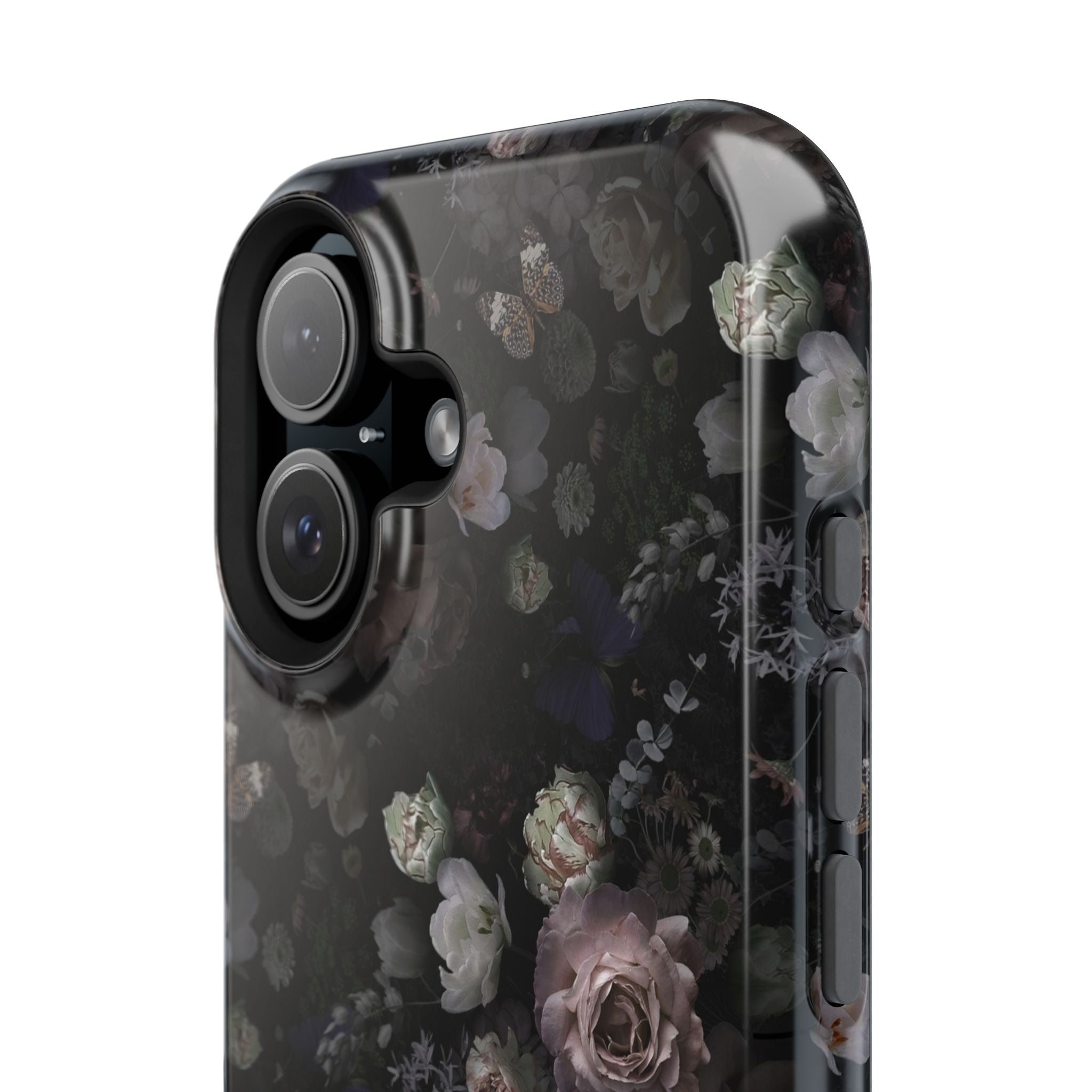 Midnight Curse Black Floral MagSafe iPhone Case with elegant black roses, a cute phone cover for stylish protection.