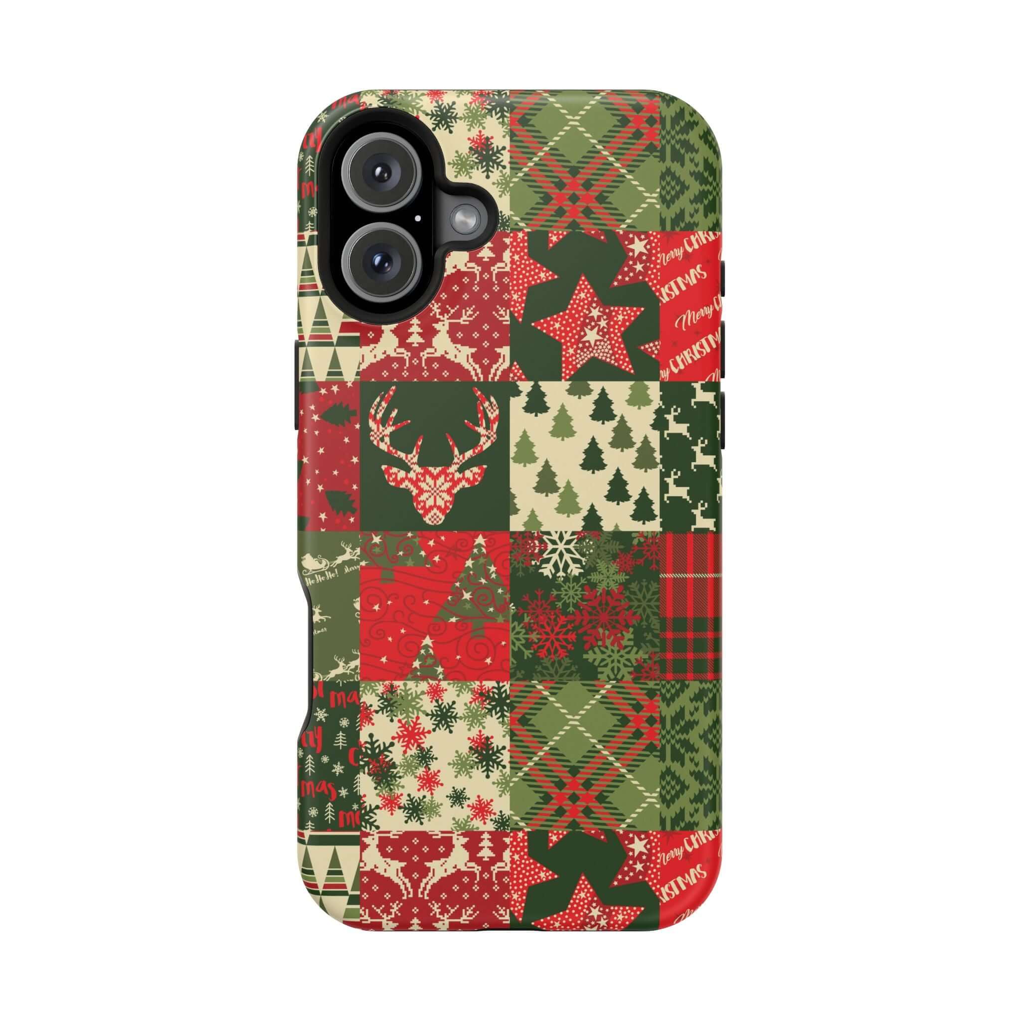 Cozy Quiltmas MagSafe case with festive Christmas design, featuring red and green holiday patterns, perfect Xmas phone cover.