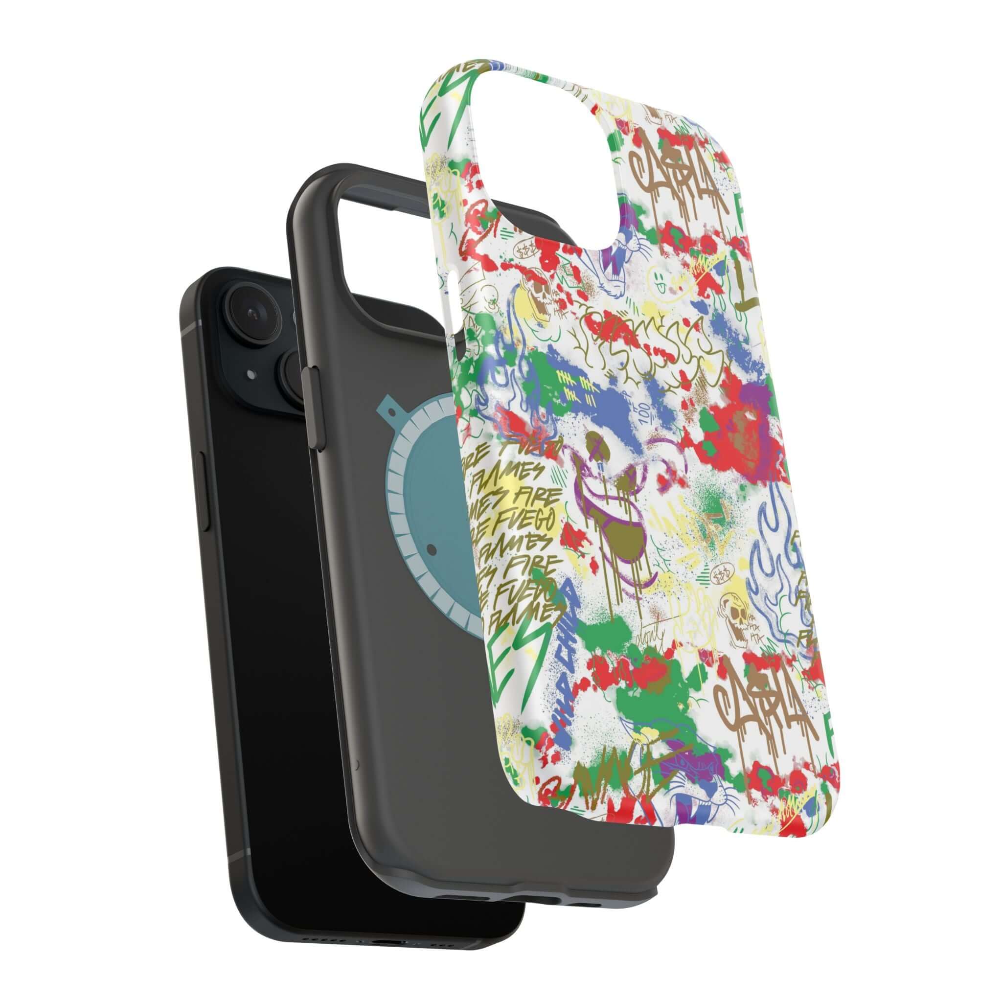 Colorful graffiti phone case showcasing street art design, ideal cute phone cover for iPhone protection and style.