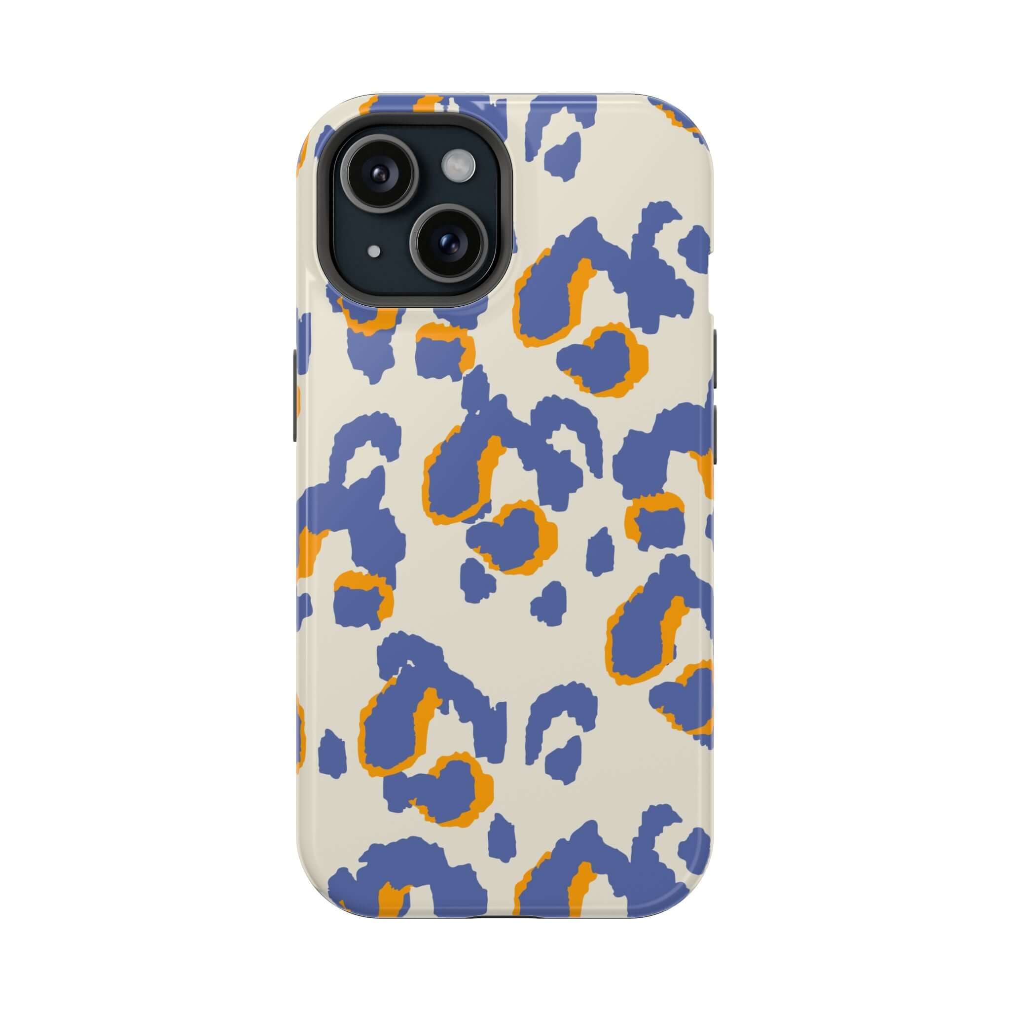 Blue leopard print MagSafe iPhone case, colorful and cute with abstract design, Safari Blaze style for standout phone protection.