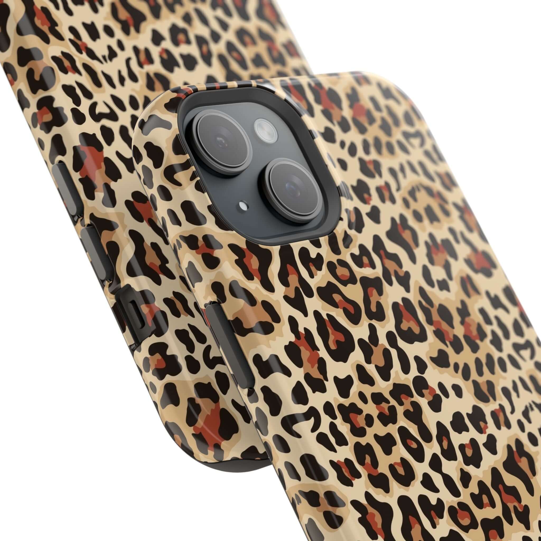 Wildly Chic leopard print MagSafe iPhone case, colorful abstract design, cute phone protection.