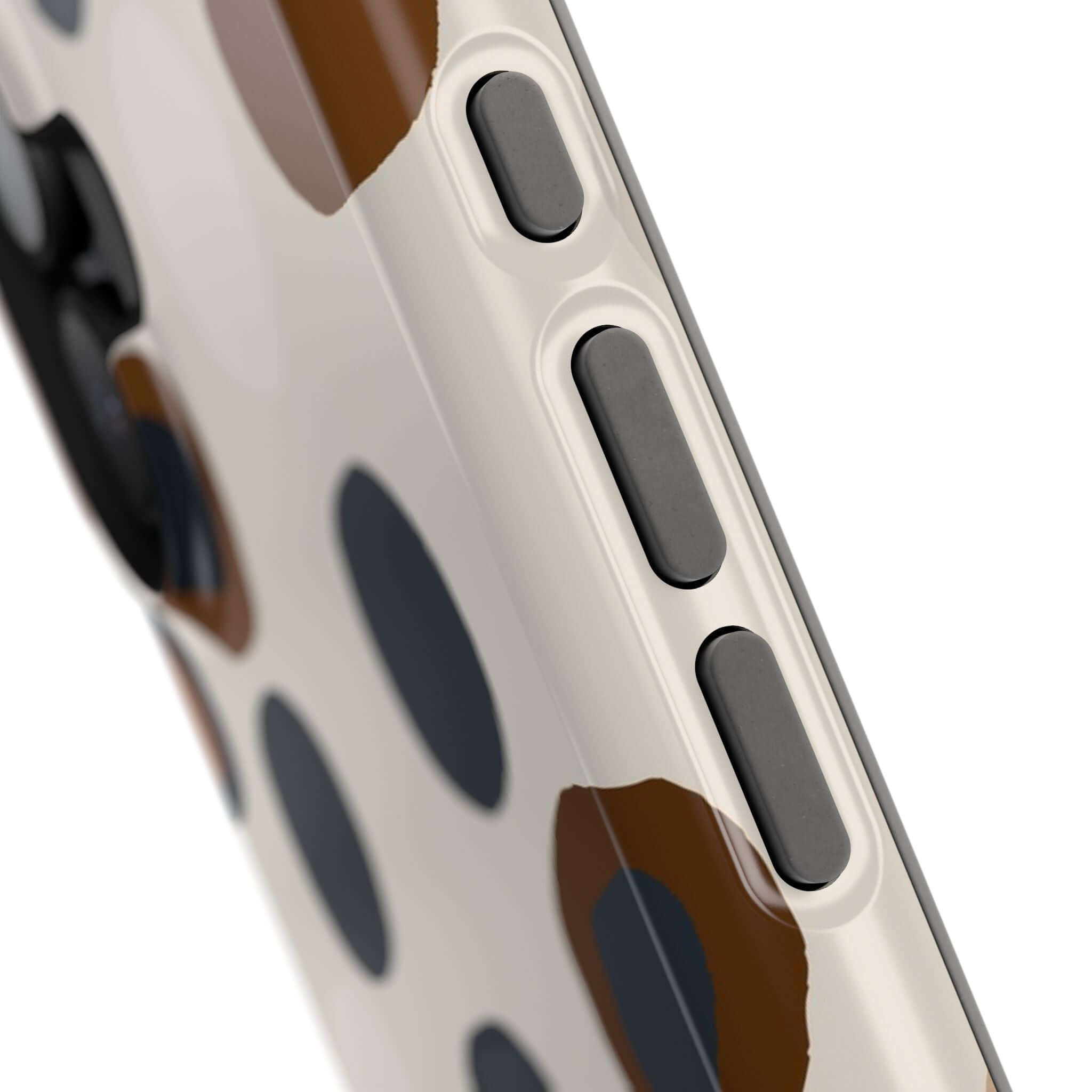 Chic Wanderer Modern Spots MagSafe phone case with brown and black abstract spots, perfect for a colorful and cute iPhone accessory.