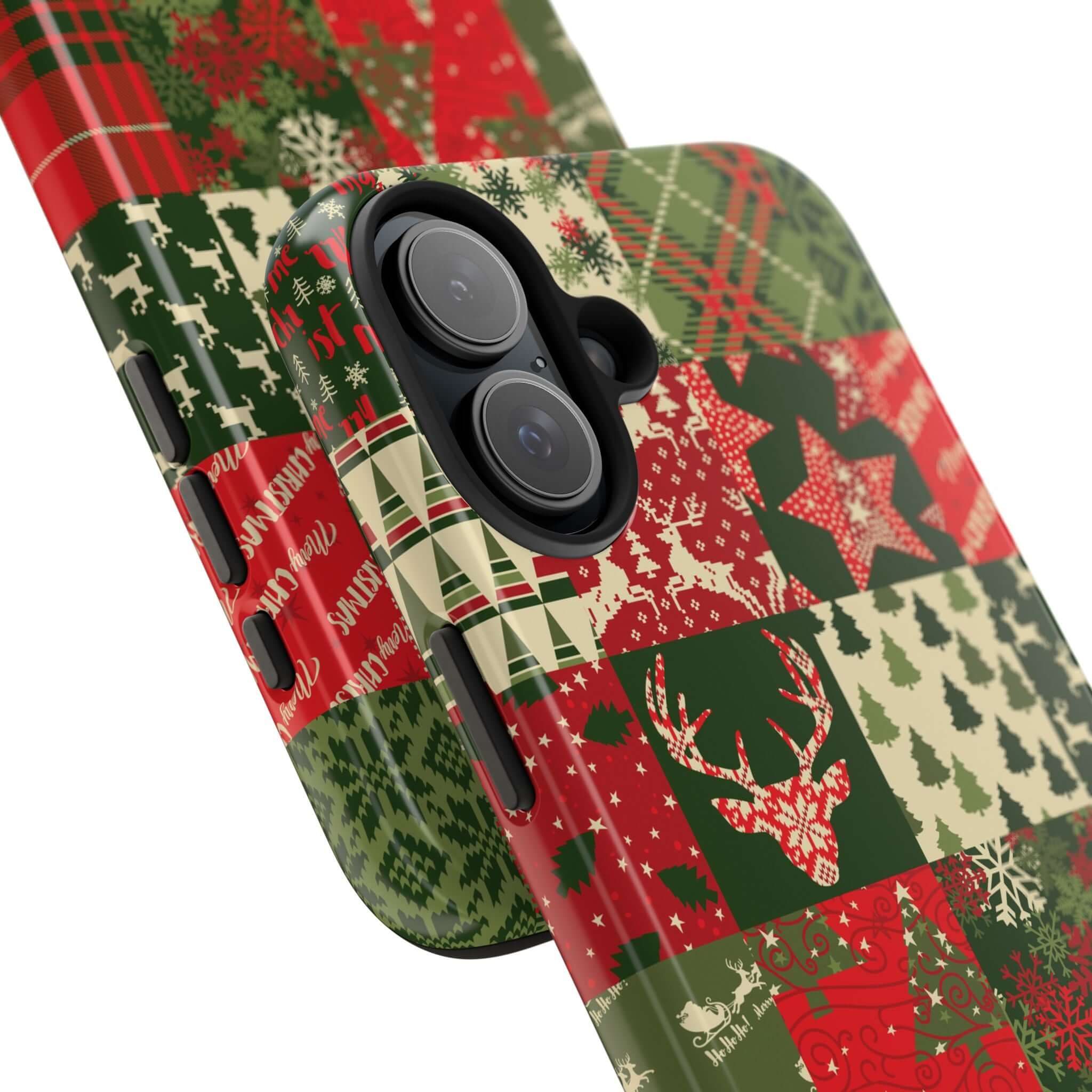 Festive green and red holiday phone case with Christmas tree and reindeer design, perfect cute custom iPhone case for winter.