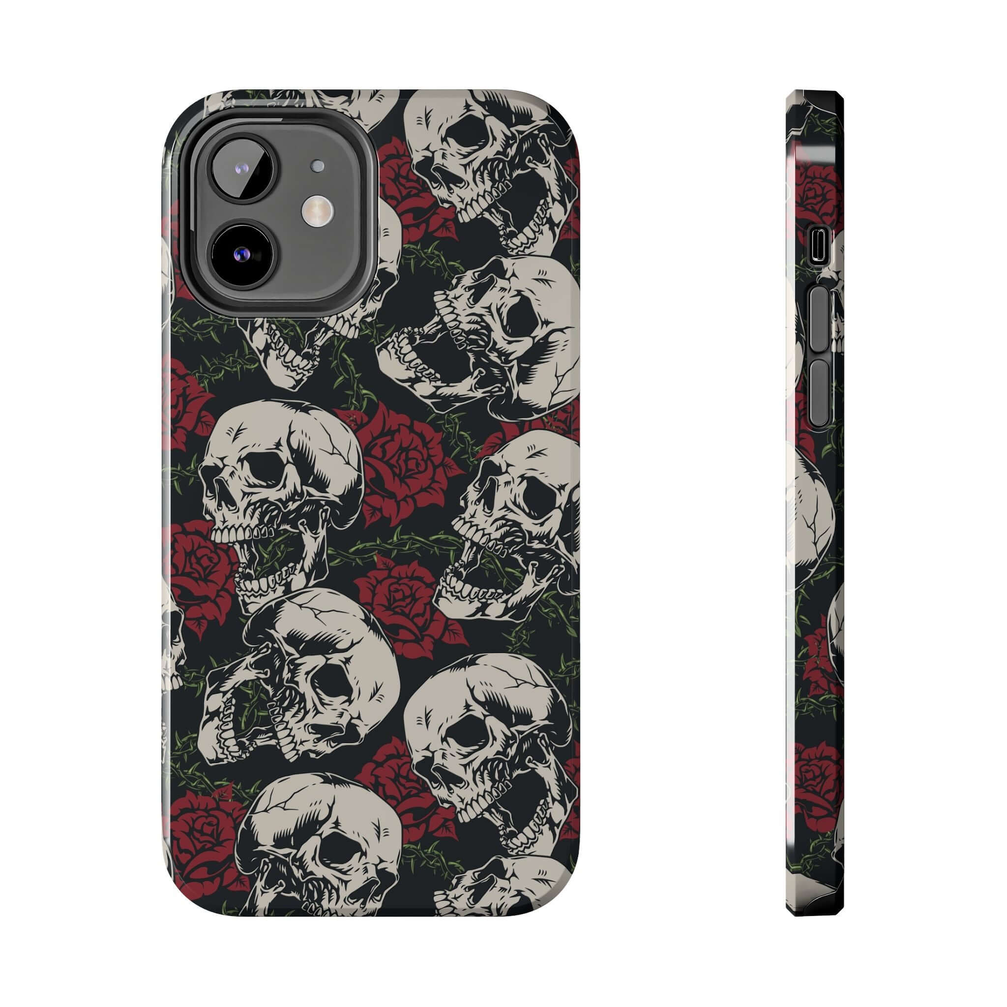 Cute MagSafe iPhone 16 case Skull Rose design with biker vibes, featuring skulls and red roses, offering stylish protection.