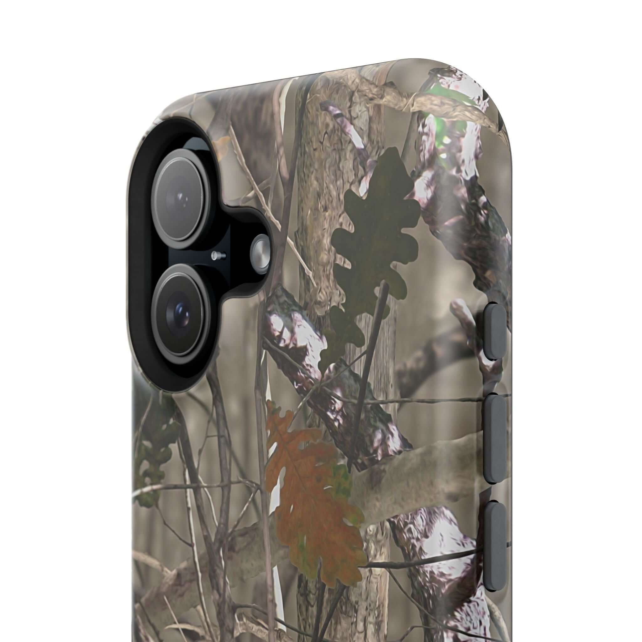 Forest camo phone case with animal print design, compatible with MagSafe technology, offering stylish protection for modern iPhones.