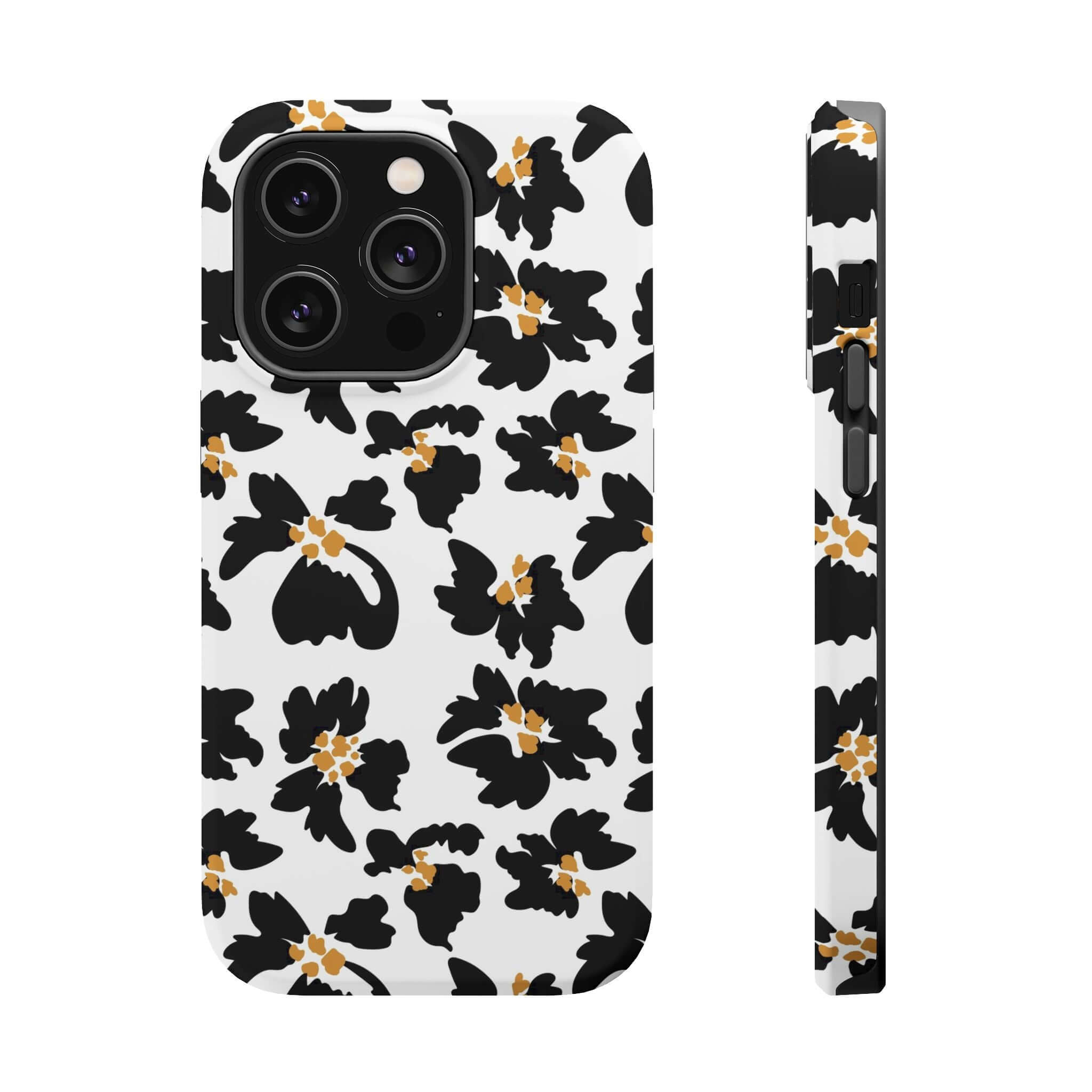 Modern black floral iPhone case with animal print, cute MagSafe compatible design for fashion-forward phone users.