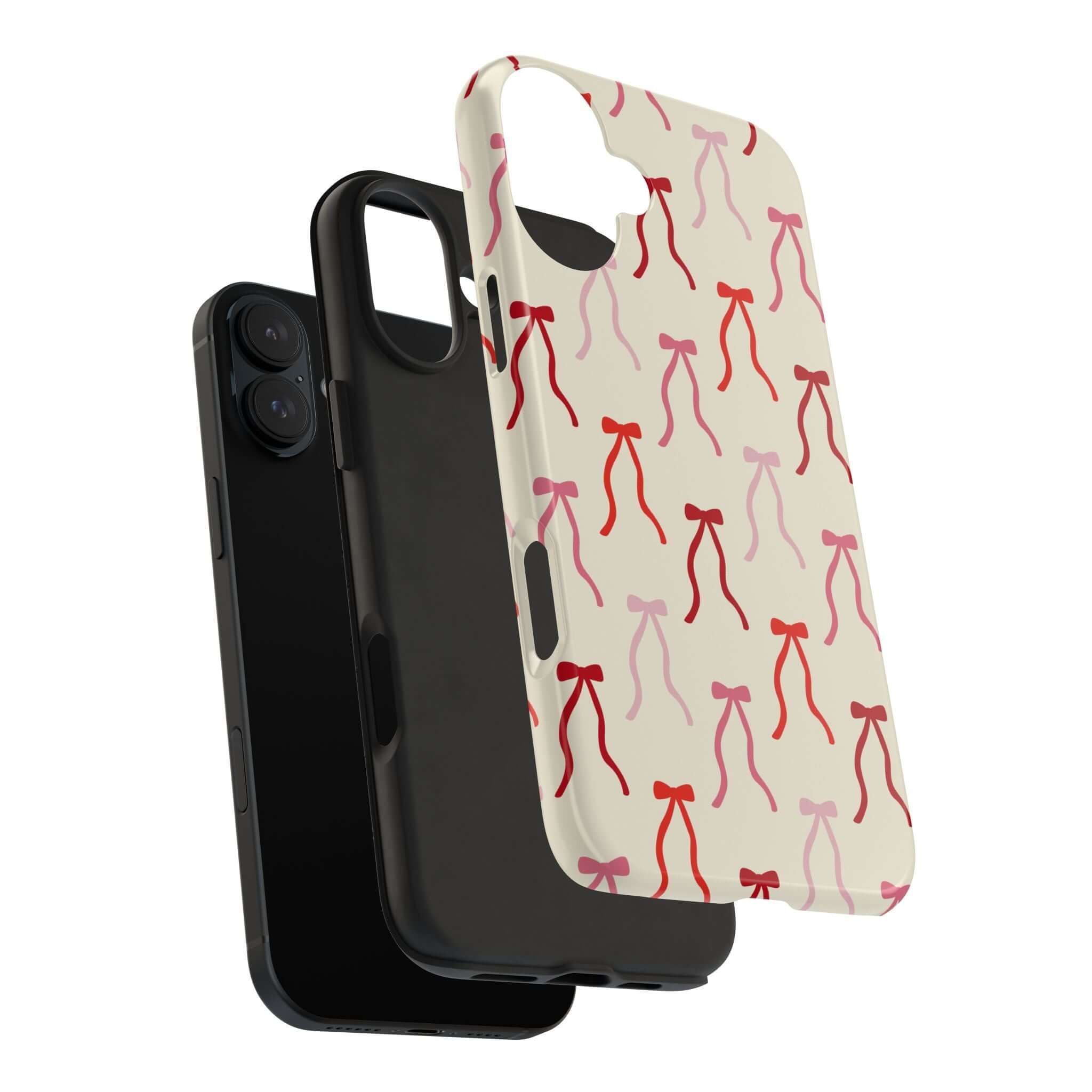 Beige coquette phone case for iPhone 16 with cute red bow design, featuring playful style and protection.