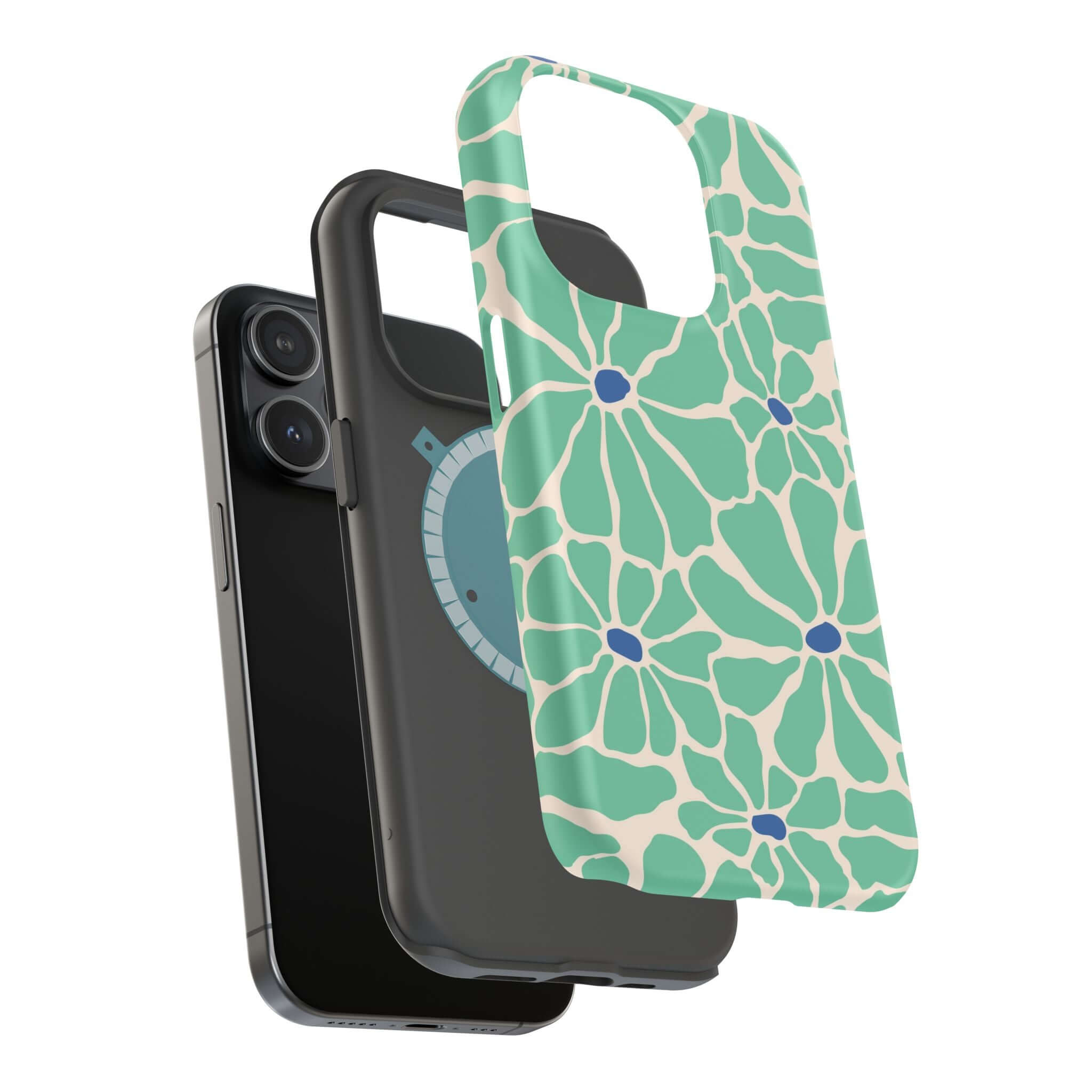 Cute Retro Floral Phone Case on Apple iPhone, showcasing vibrant tropical design and MagSafe compatibility for easy charging.