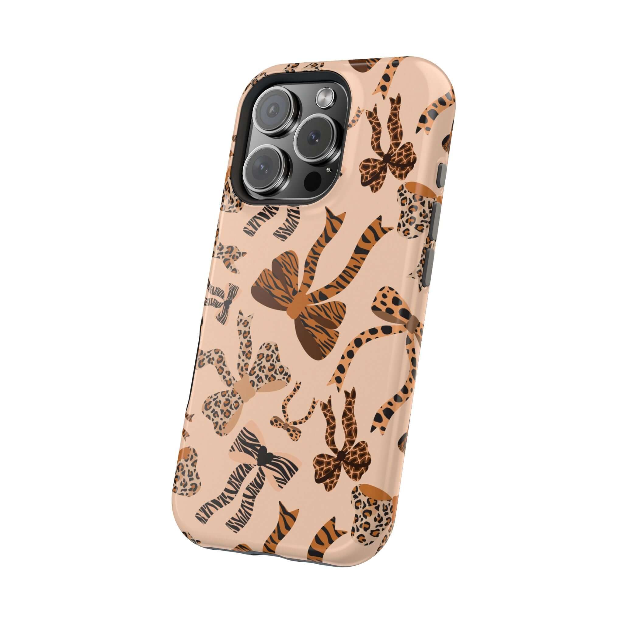 Colorful iPhone case with leopard pattern and cute bows, Safari Coquette MagSafe case, abstract and playful phone accessory.