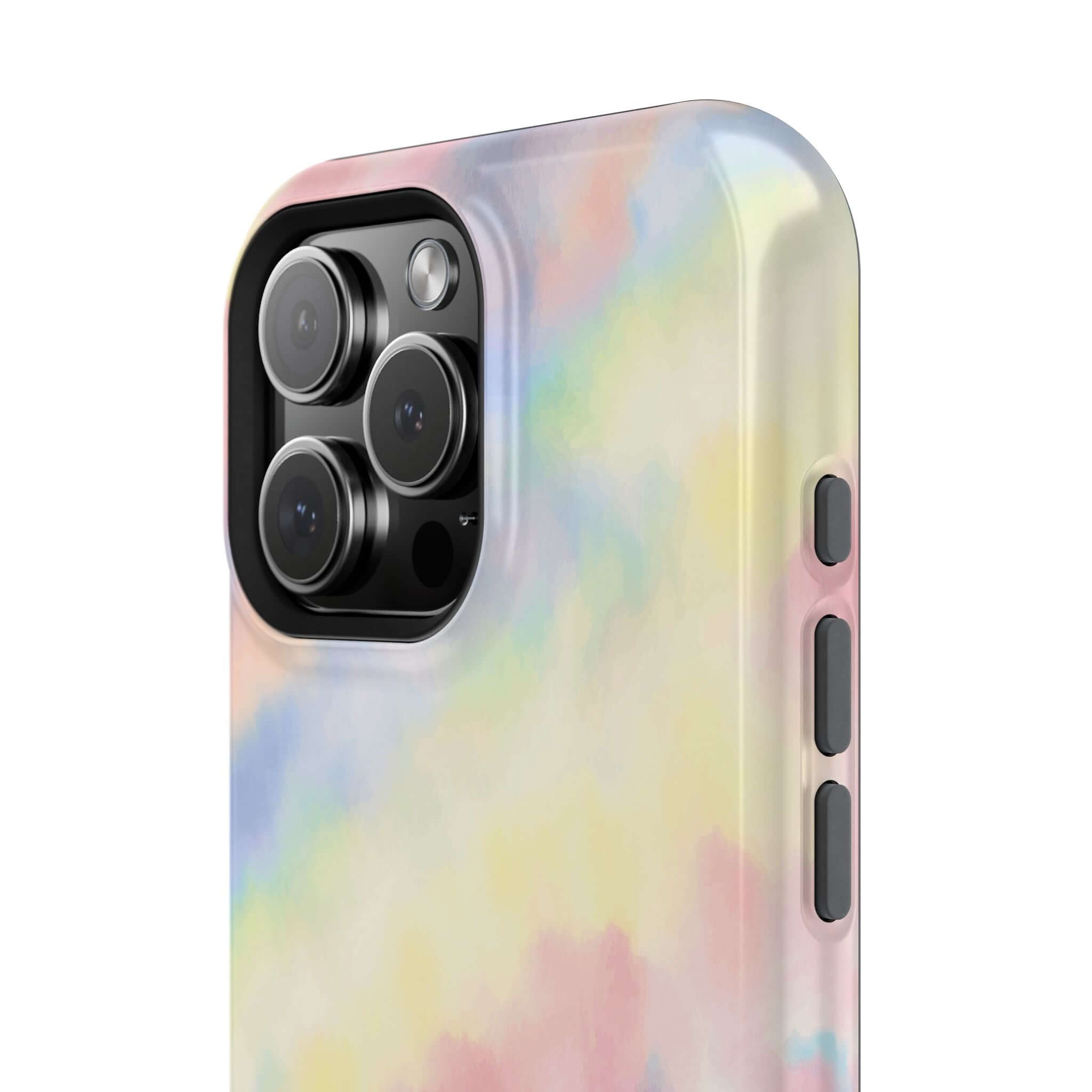 Cute iPhone case with pastel tie dye design and MagSafe compatibility, perfect for adding a magical touch to your phone.