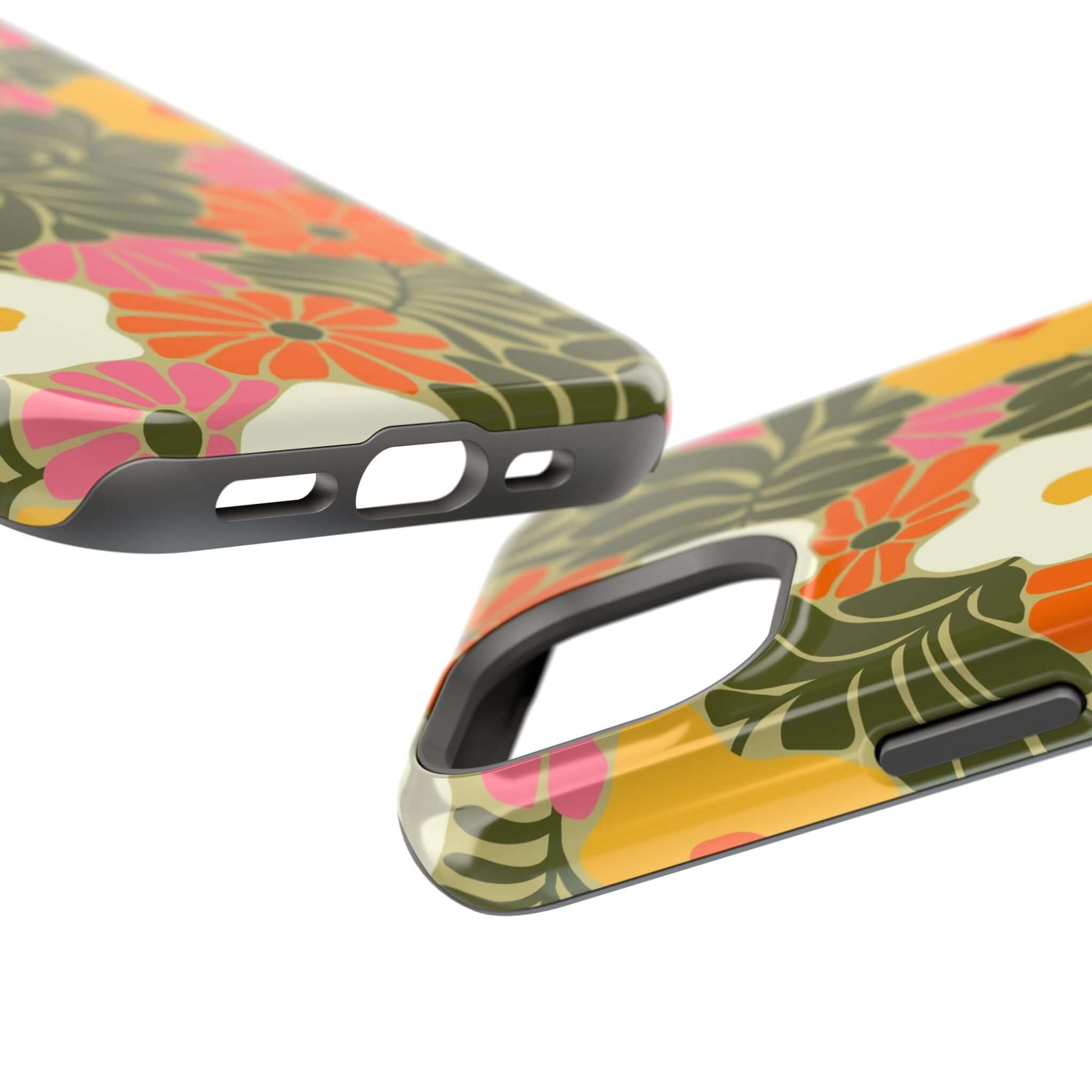 Close-up of a retro floral iPhone case showcasing vibrant tropical flowers and MagSafe compatibility. Perfect cute phone cover!