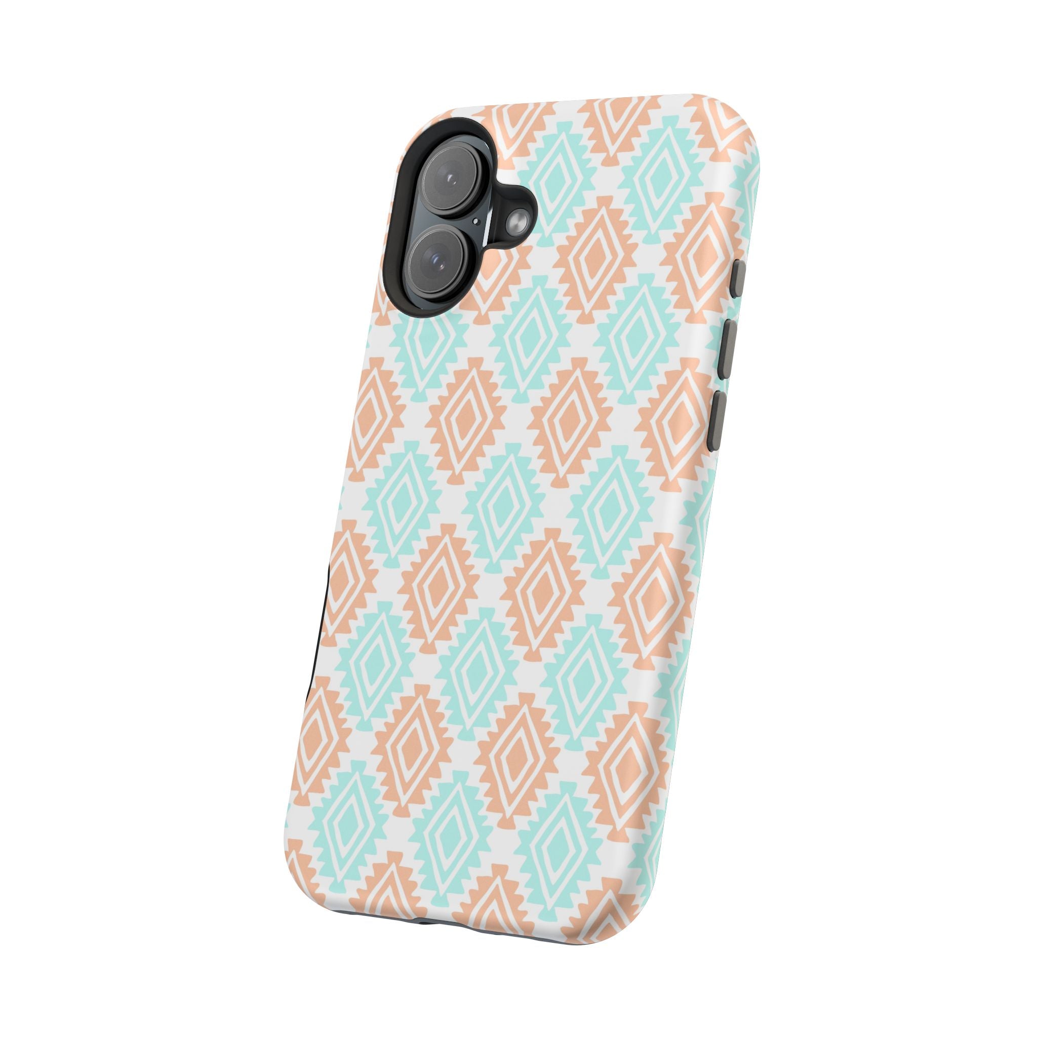 MagSafe iPhone case with a funky Southwestern design featuring blue and tan patterns. Perfect cute phone cover for Western vibes.