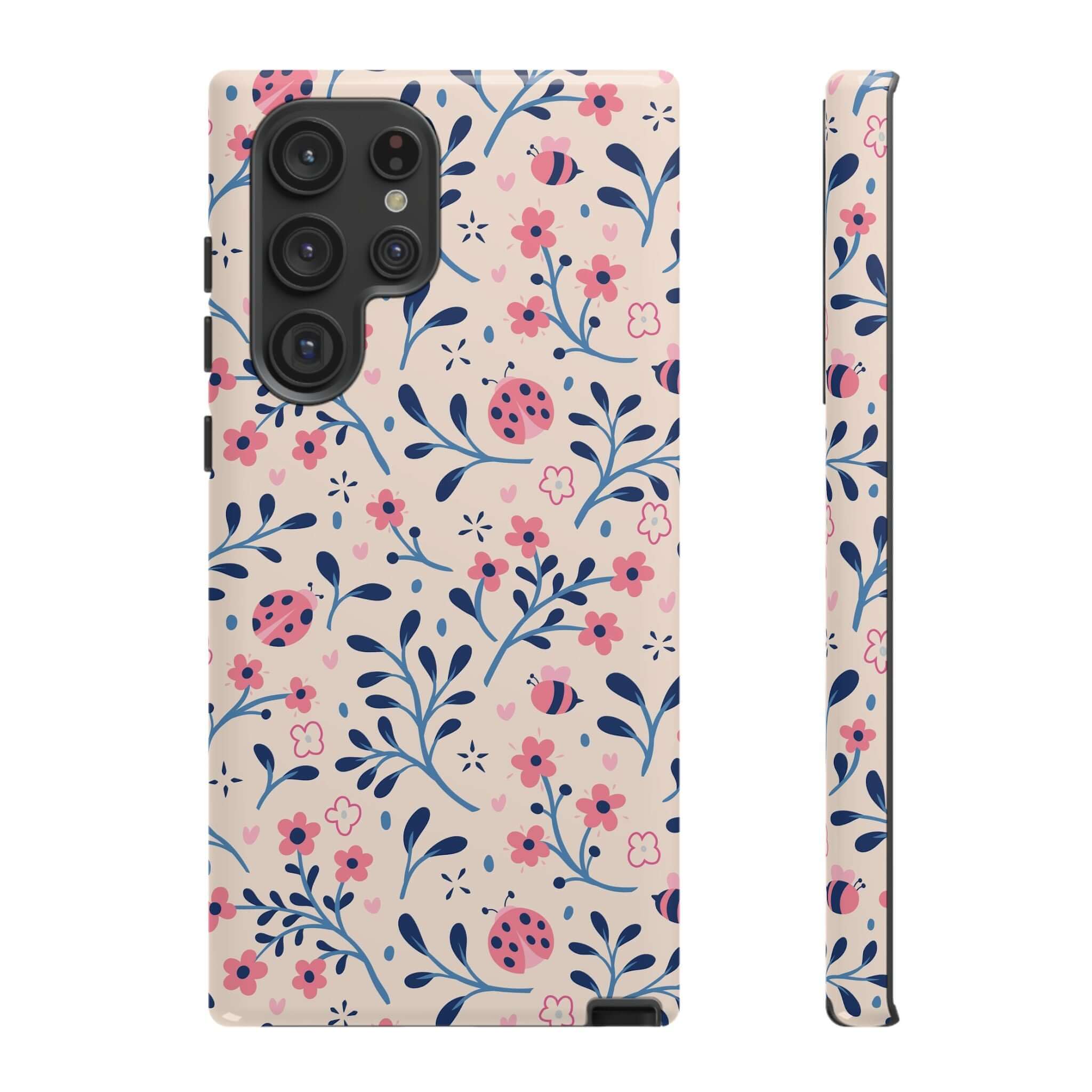 Cute floral phone case with ladybug design for Samsung Galaxy and iPhone 14 Pro Max, perfect colorful protective accessory.