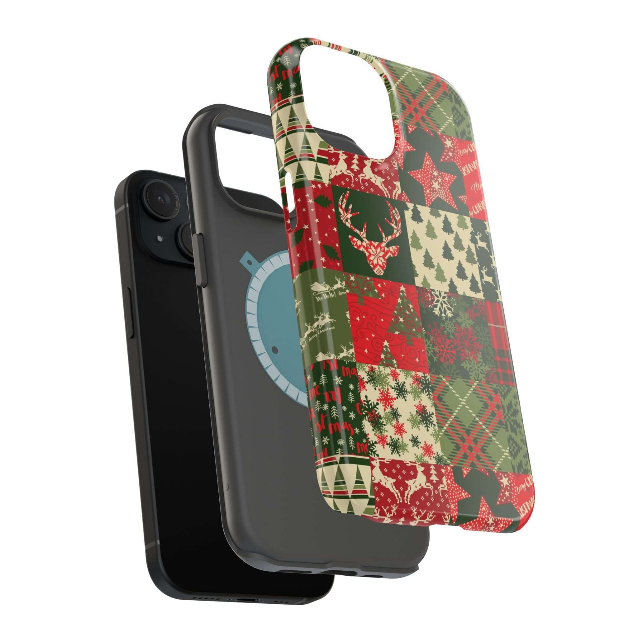 Cozy Quiltmas MagSafe Case with festive quilt pattern, perfect for a Christmas phone cover with secure fit and easy charging.