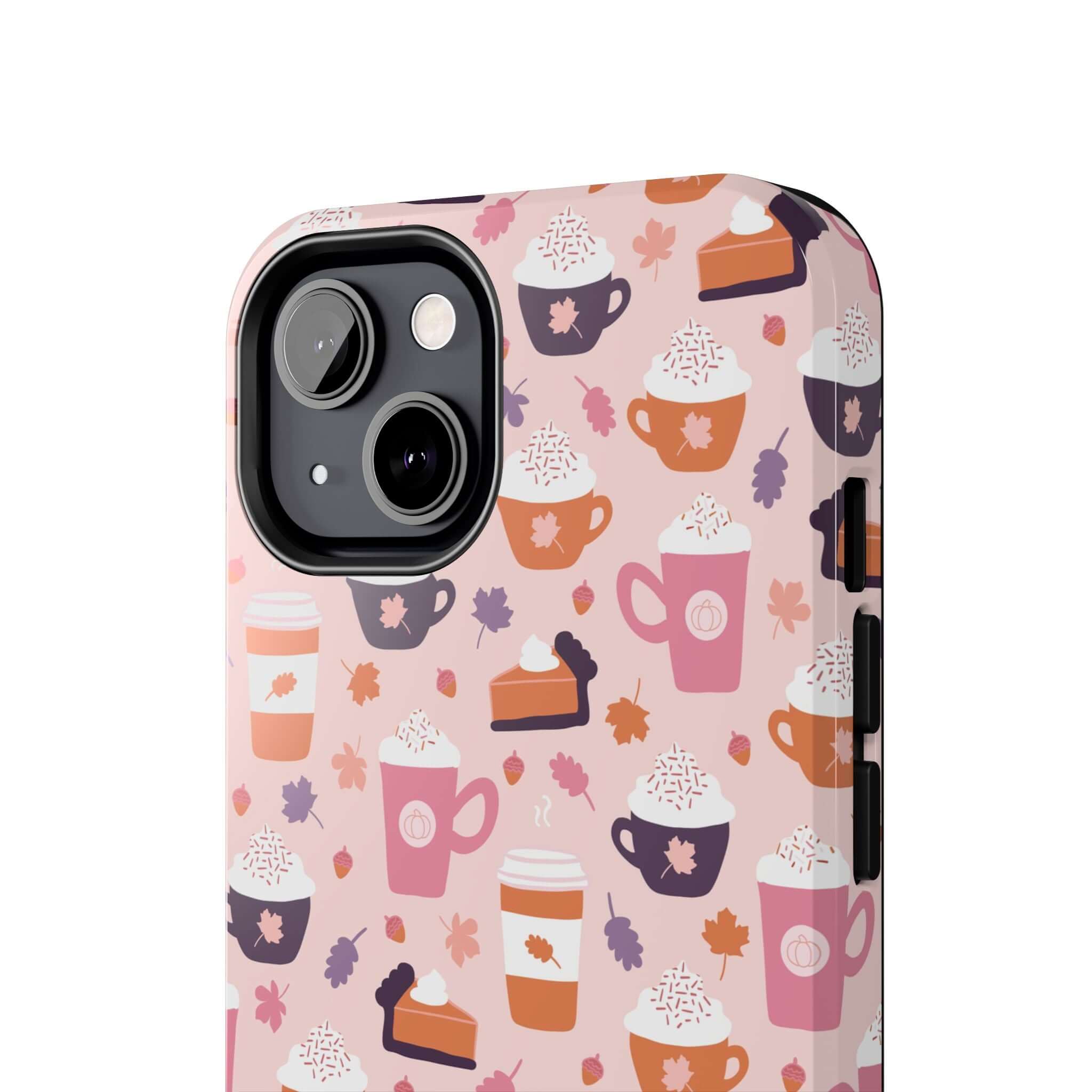 Cute PSL Vibes iPhone 15 case featuring fall-themed pumpkin spice latte and pie designs, perfect for phone protection and style.