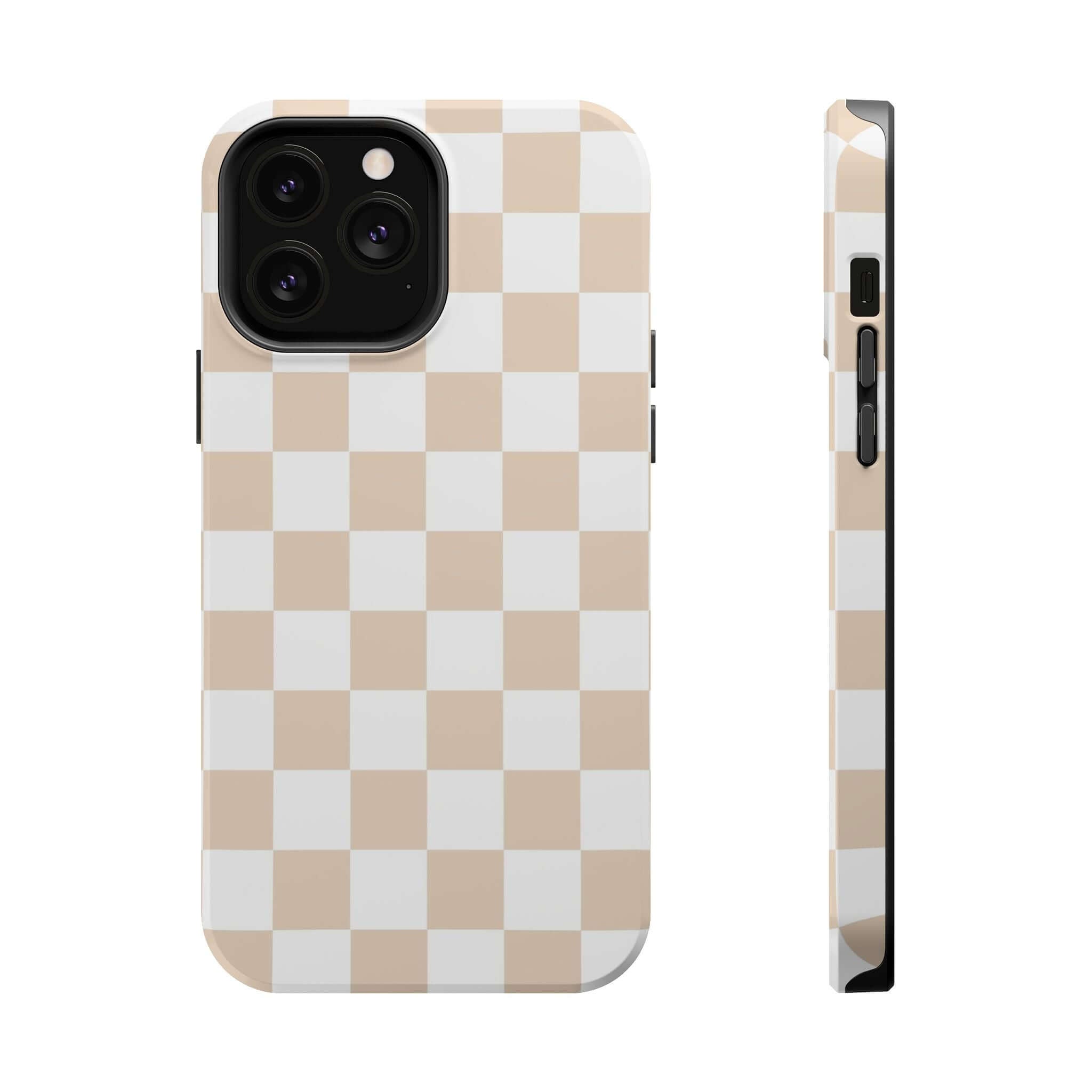 Cute protective MagSafe iPhone 16 case with beige checkered print, trendy cream checkered design, playful touch for phone protection.