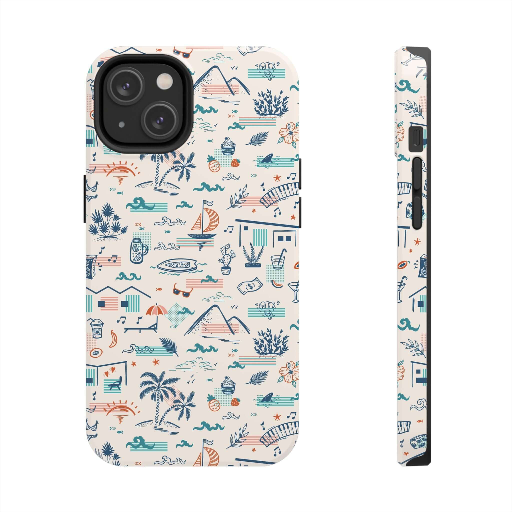 Colorful Forever on Vacation iPhone case with summer-themed illustrations, perfect for iPhone 14 Pro Max and Samsung S23.