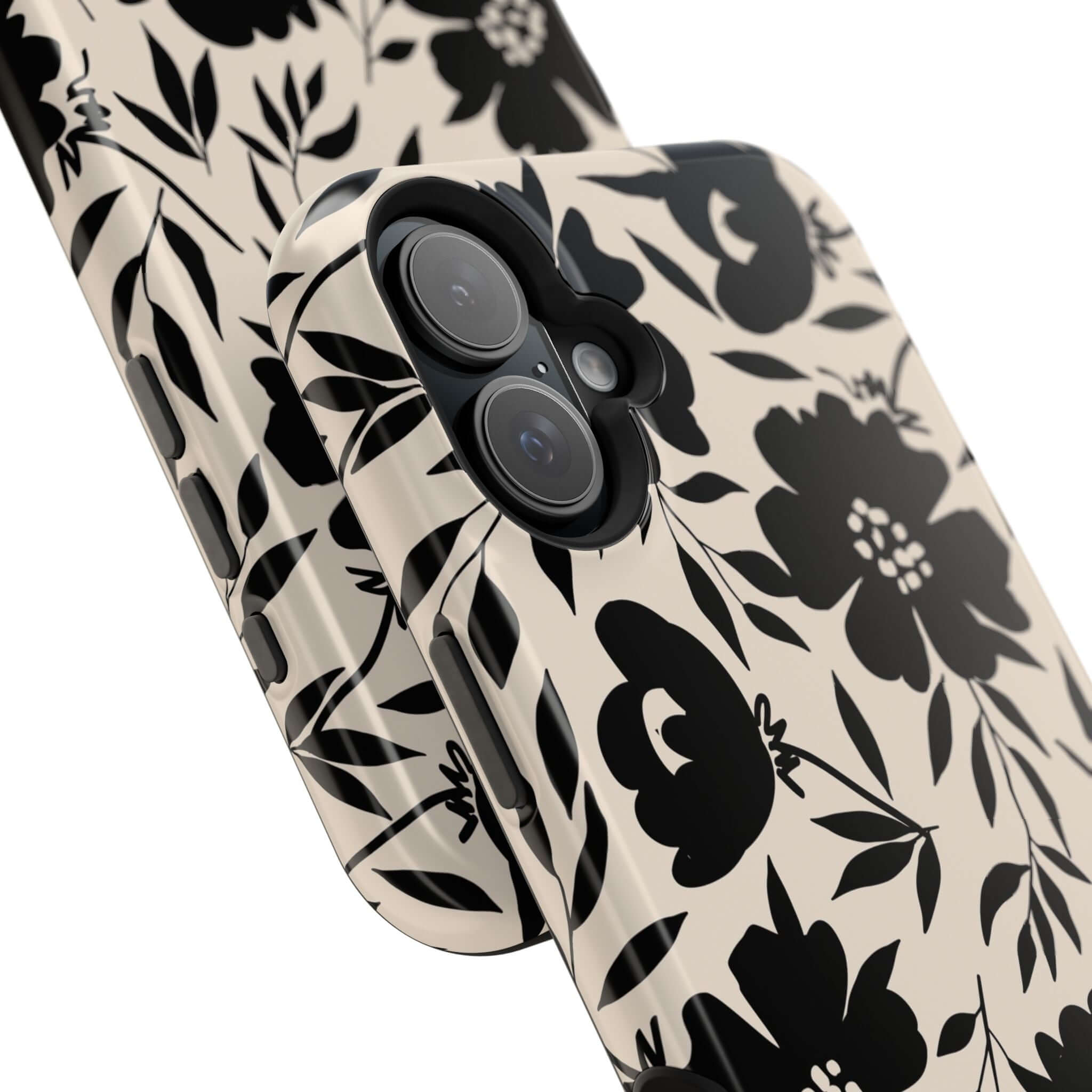 Eclipse Garden black floral phone case for iPhone 16, cute design with bold flower pattern, unique and daring accessory.