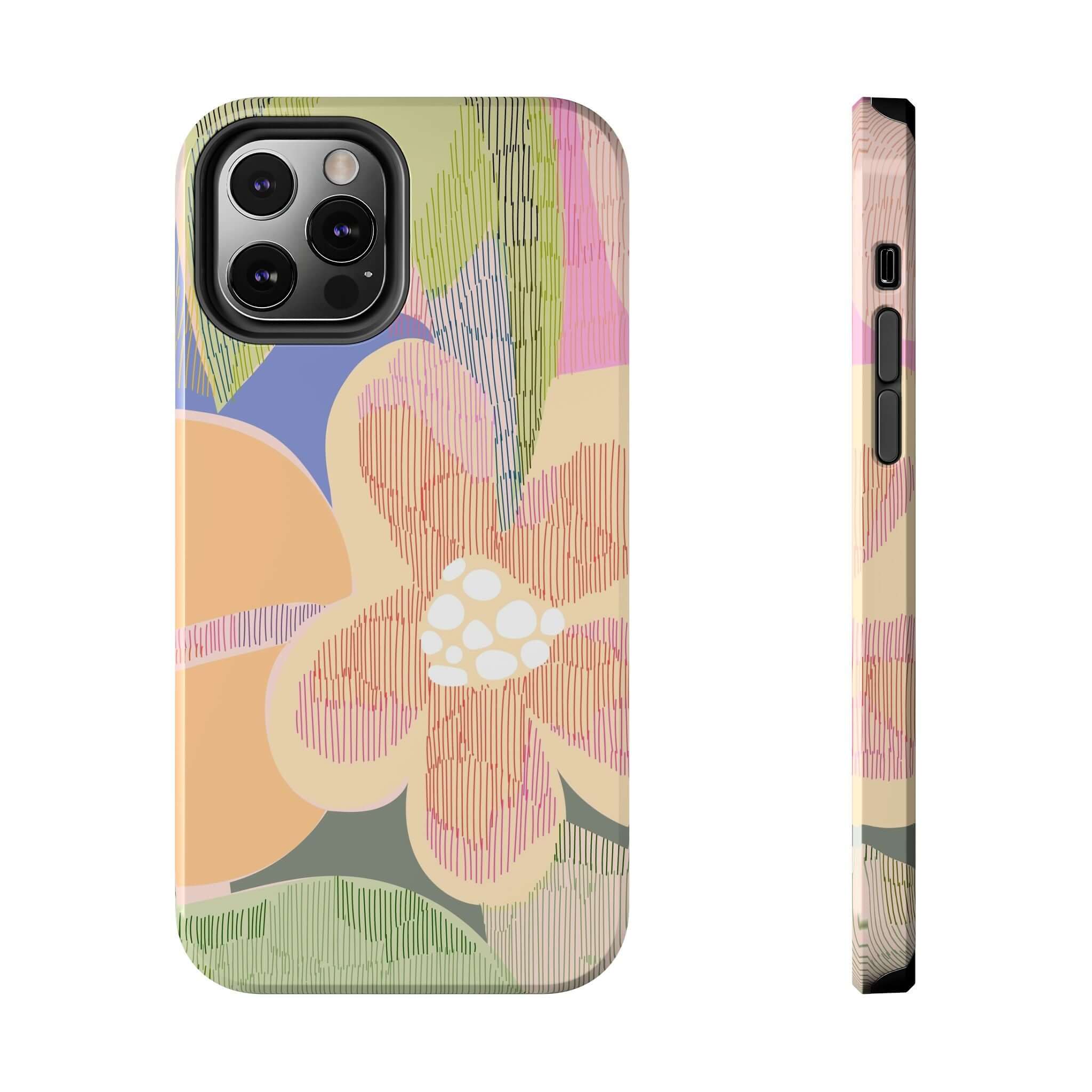 Colorful abstract floral iPhone 14 Pro Max case with vibrant palm tree design, cute and protective phone cover.