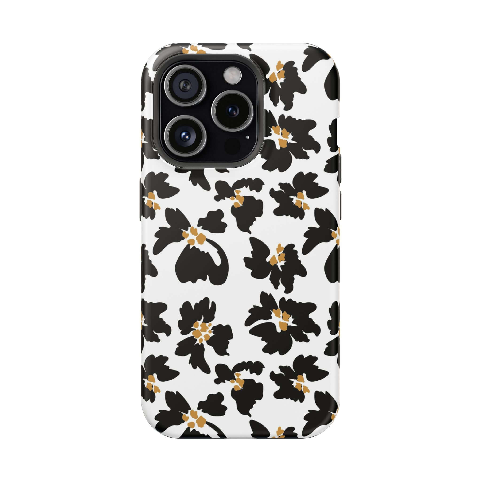 Noir Flora black floral case for iPhone 16, a cute and protective MagSafe phone case with stylish flower pattern.