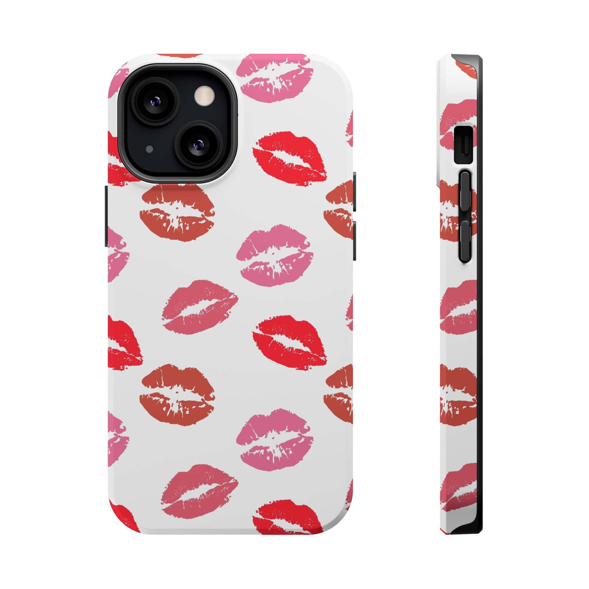 Cute phone cover with red and pink lip prints, Kisses case for iPhone. Fun and flirty design for phone protection.