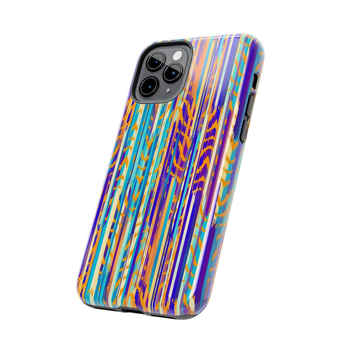 Colorful iPhone case with abstract tie dye pattern, featuring vibrant blue, purple, and orange stripes, on a smartphone.