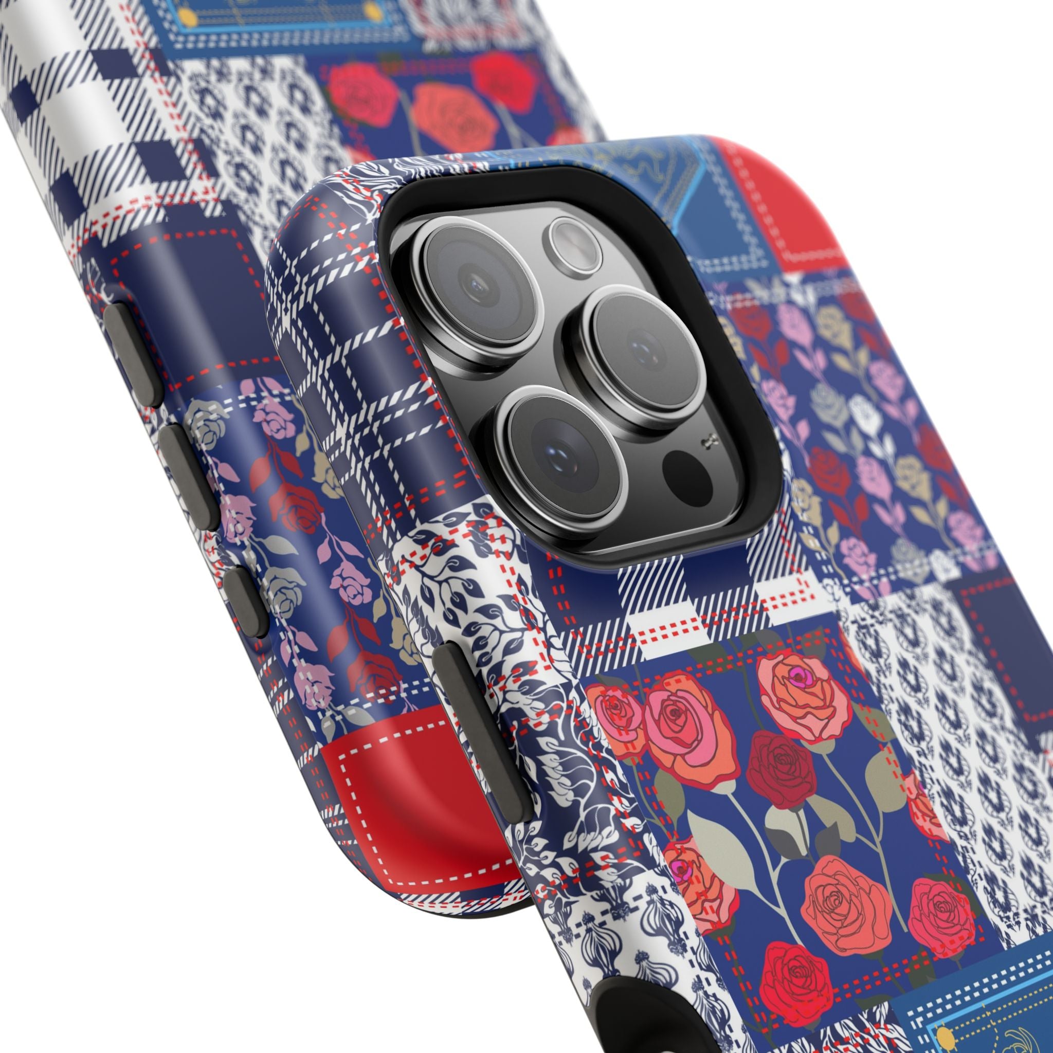 Crimson Bloom | Blue Patchwork Case