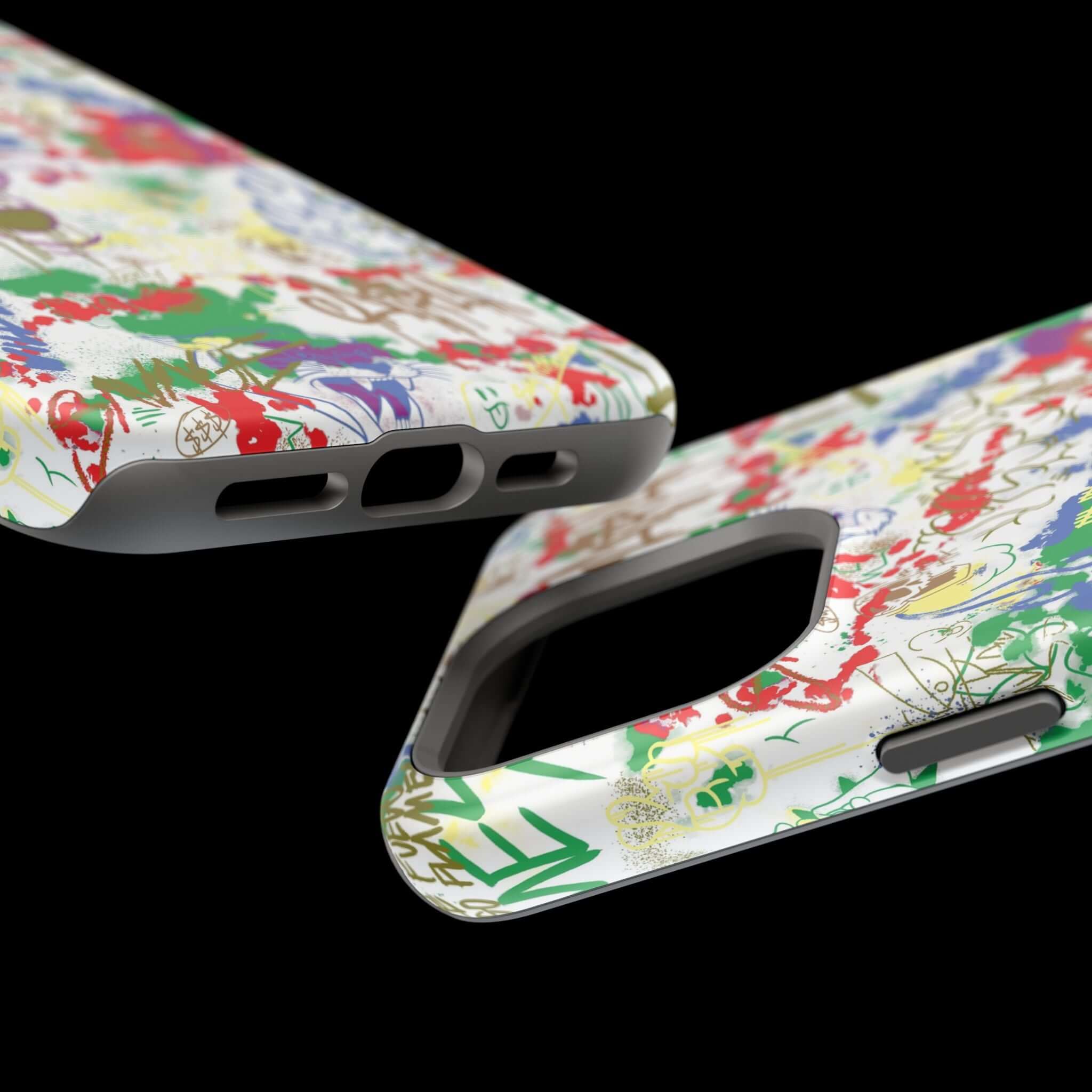 Colorful graffiti design on Art Attack phone case, showcasing vibrant street art style and MagSafe compatibility.