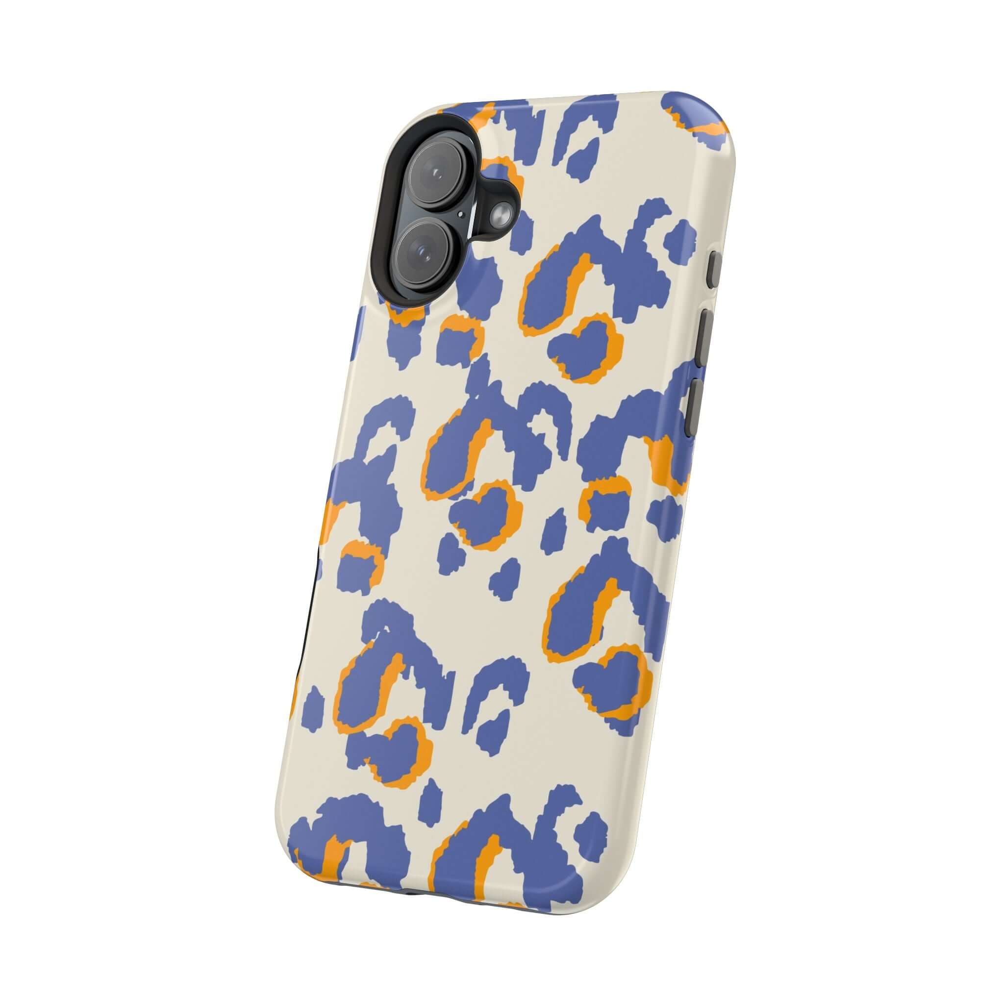 Colorful iPhone case with blue leopard print, Safari Blaze MagSafe cute phone case, abstract design, wild style protection.