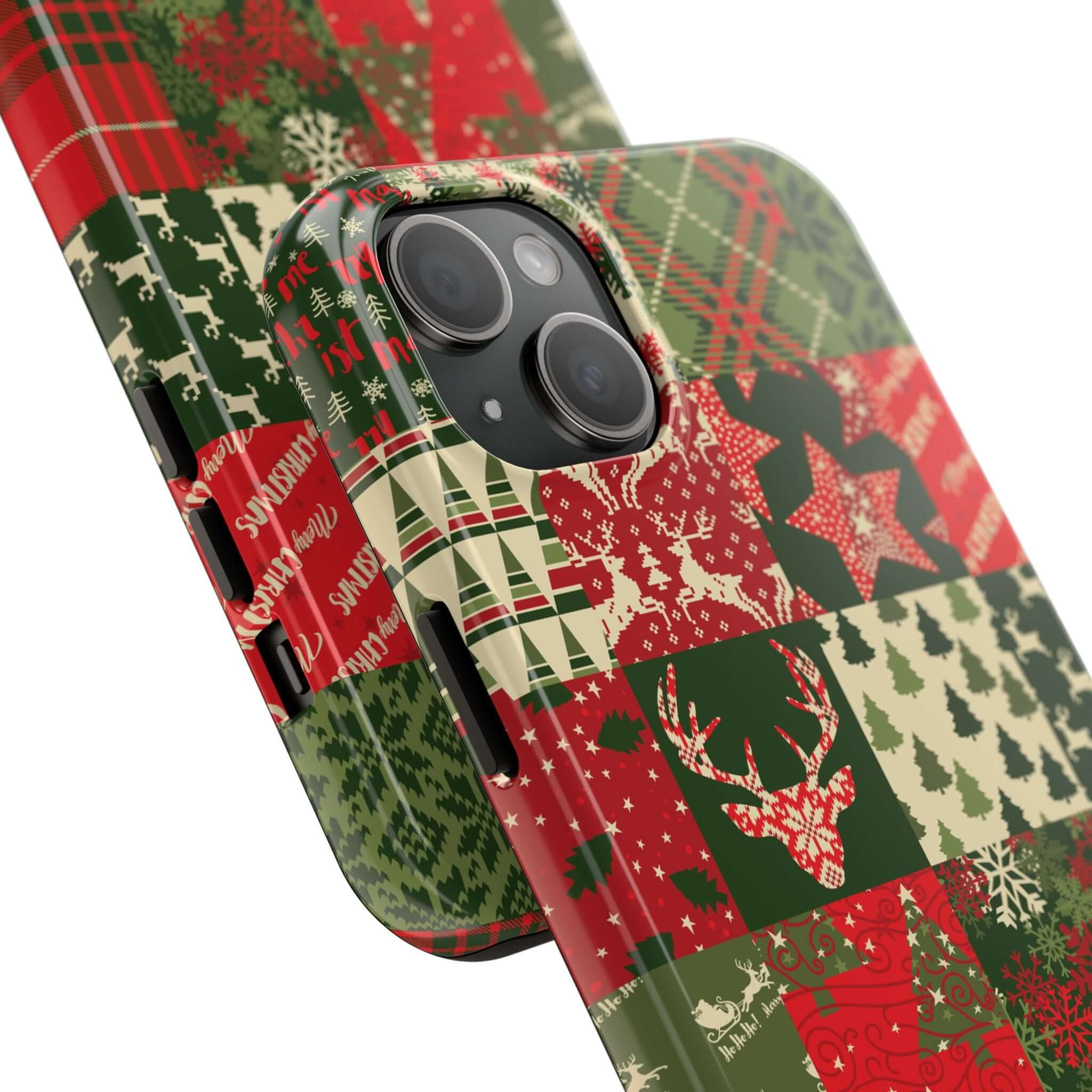 Cute iPhone case with red and green holiday design featuring Christmas trees, reindeer, and snowflakes. Perfect festive phone accessory.