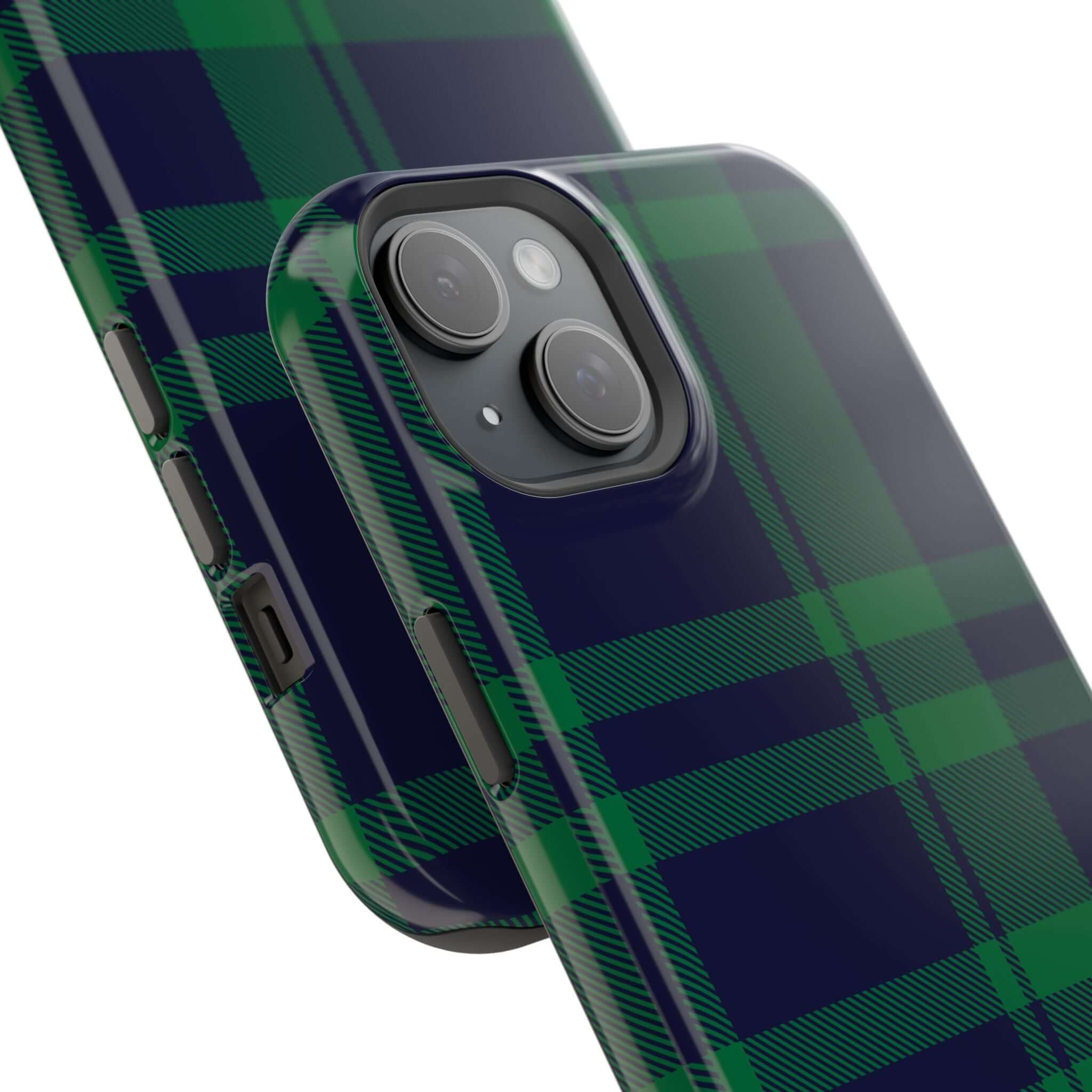 Mistletoe Plaid MagSafe Case featuring a festive green and navy plaid pattern, perfect for the holiday season.