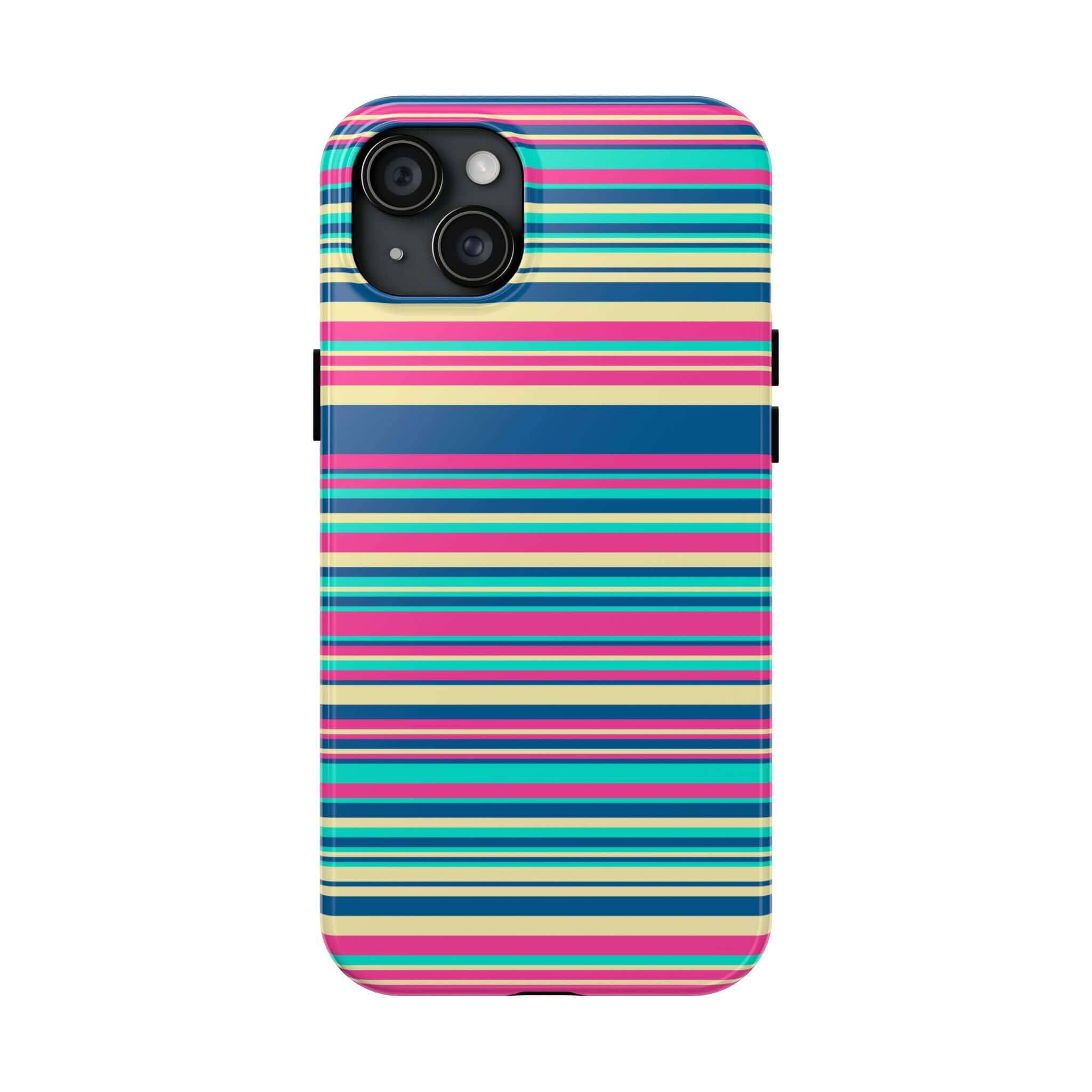 Colorful striped iPhone case for iPhone 14 and 15, cute and playful phone cover with free shipping.