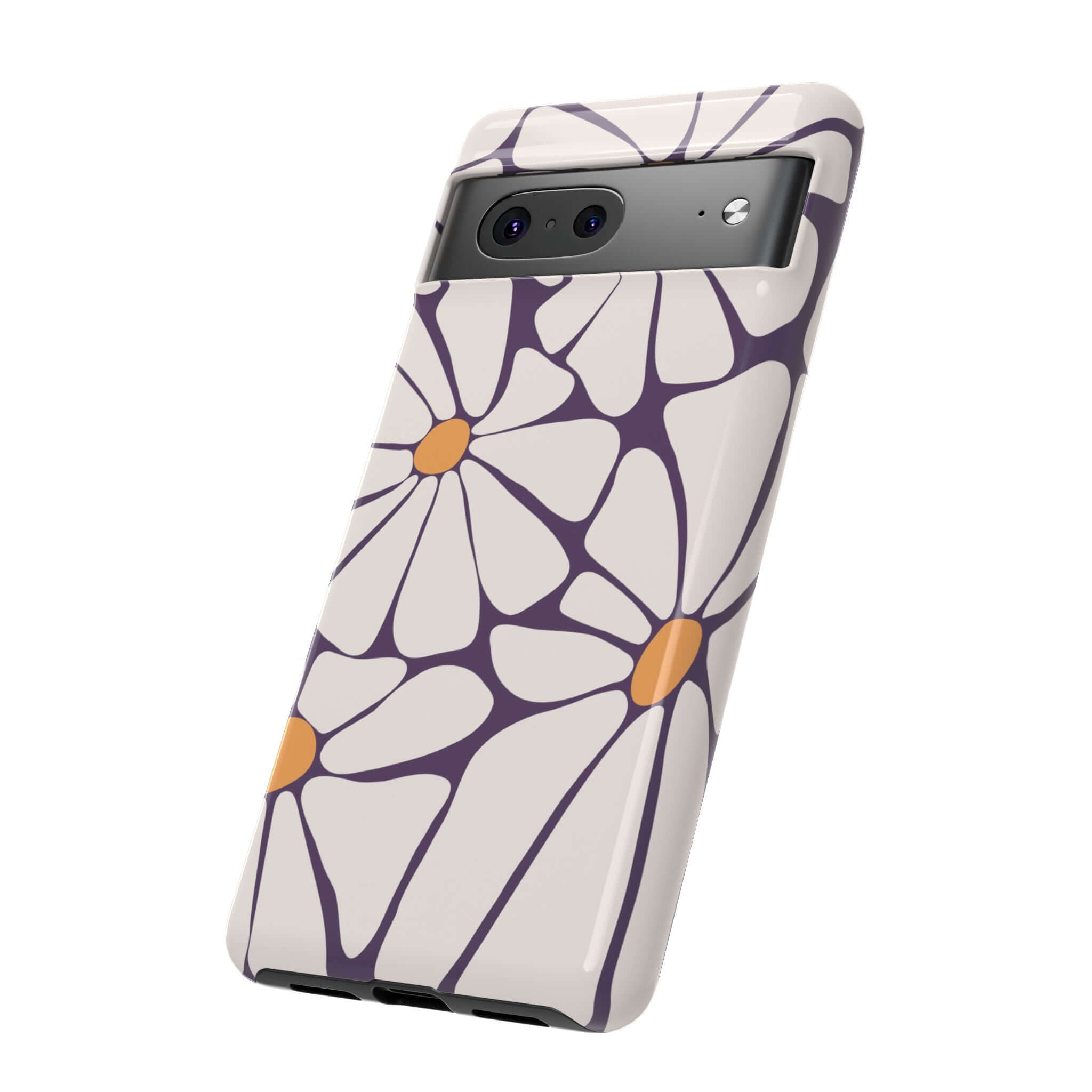 Purple Haze retro flowers case for Samsung and Pixel devices, featuring cute and stylish protection with white and purple floral design.