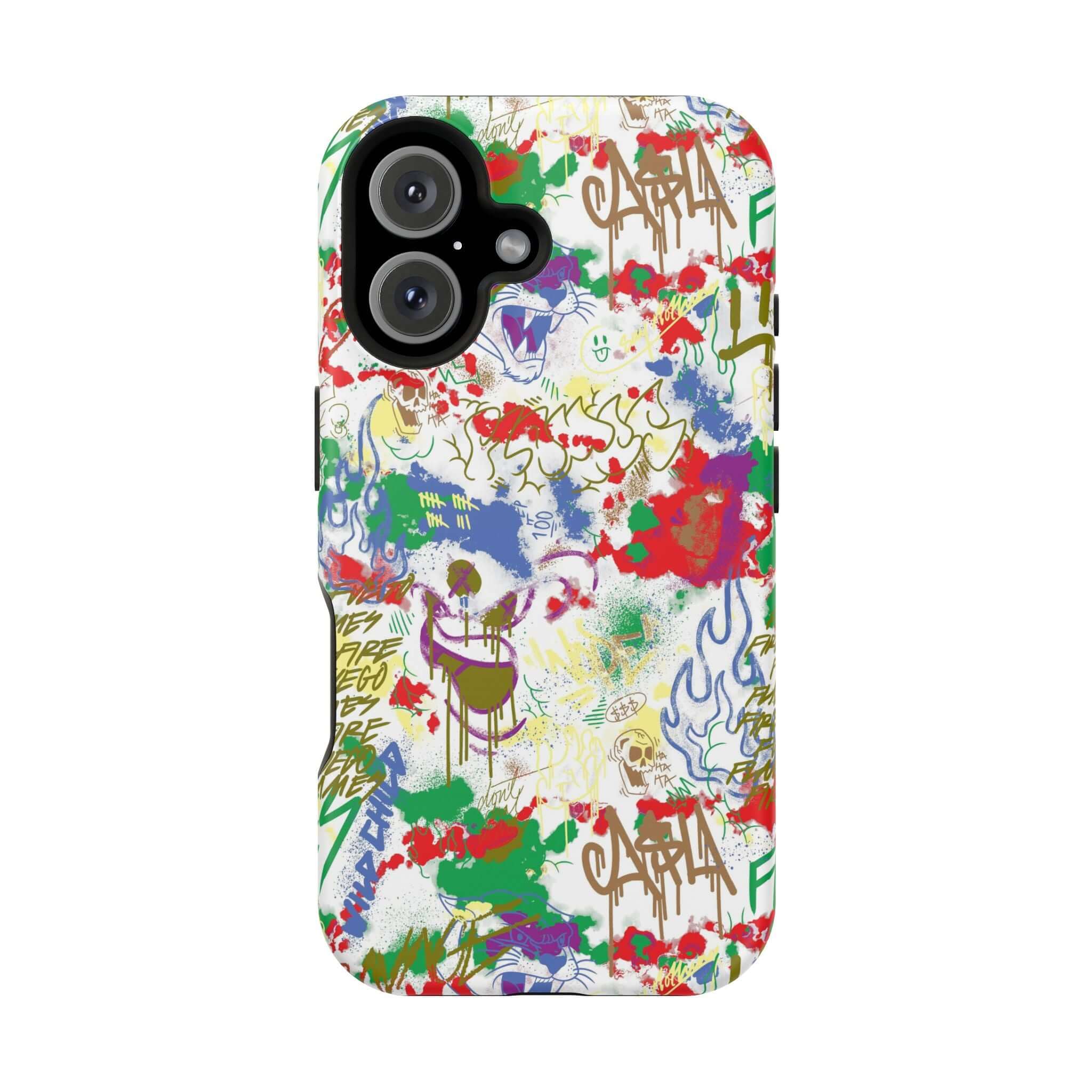 Colorful graffiti phone case featuring artistic designs, perfect cute phone cover for iPhone lovers.