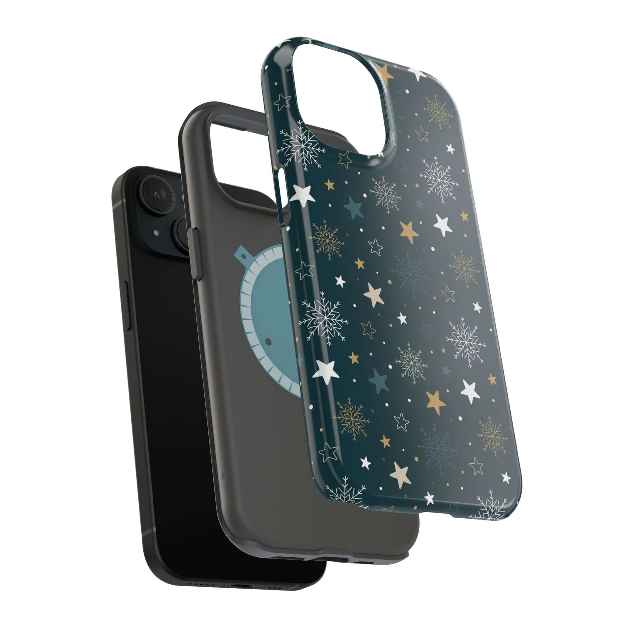 Frosted Wishes MagSafe Christmas phone case with holiday design, featuring stars and snowflakes, festive xmas phone cover.