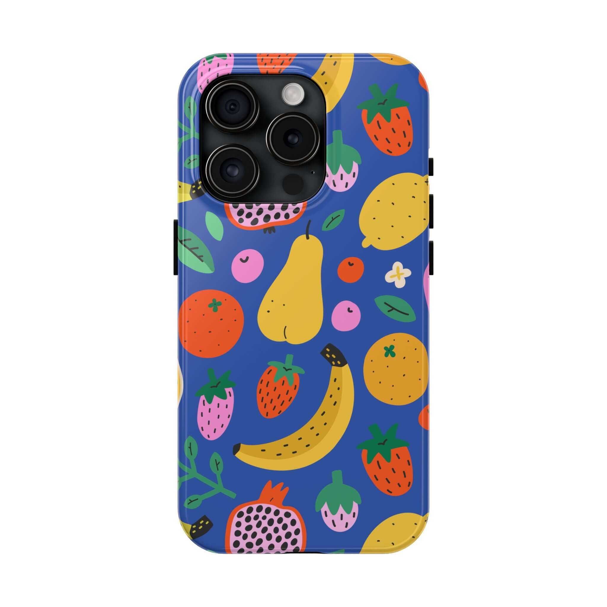 Cute phone cover featuring a tropical fruit design on a blue background, perfect for Apple iPhone protection.