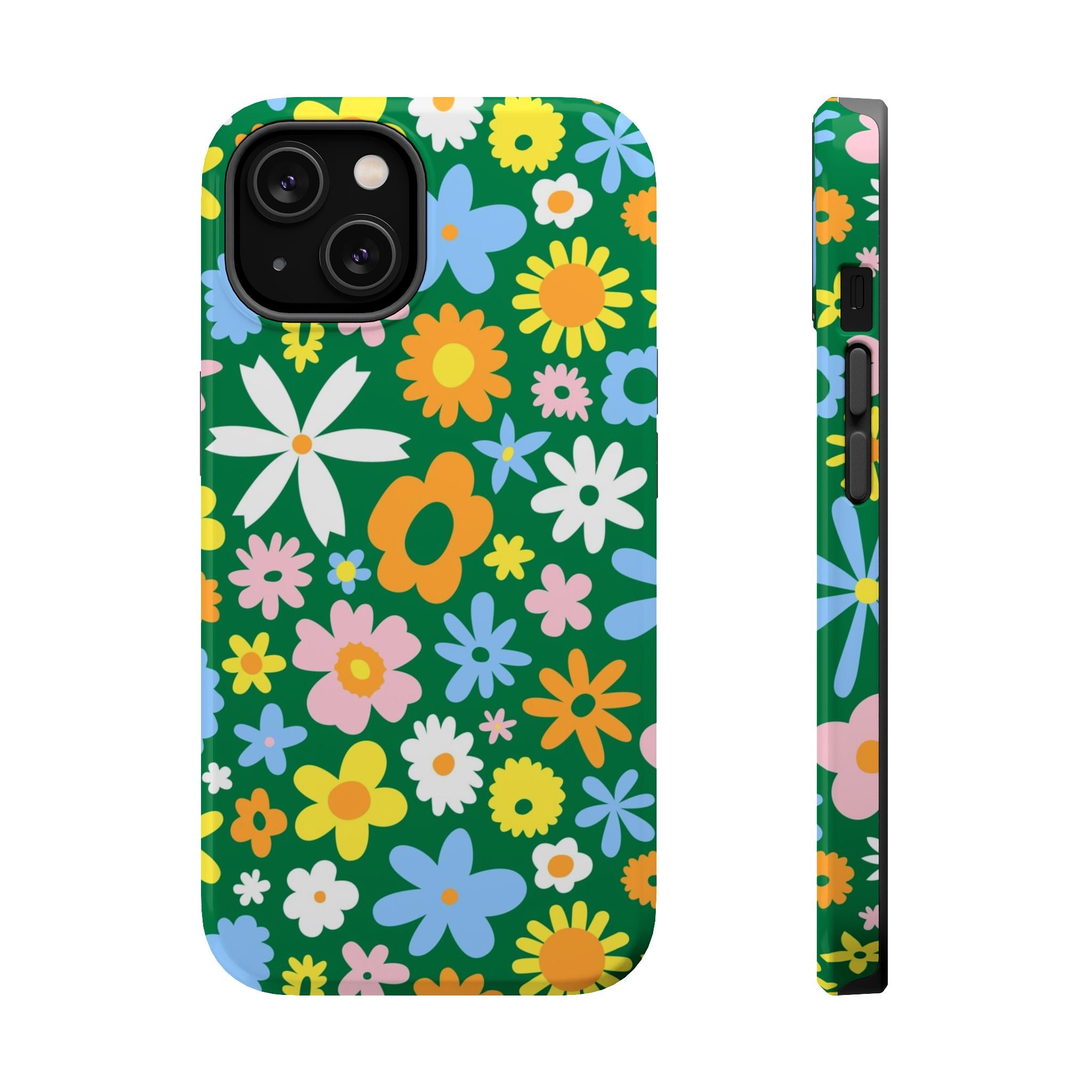 Cute hippie floral MagSafe iPhone case with vibrant green and playful blooms, perfect for adding quirky charm to your phone cover.