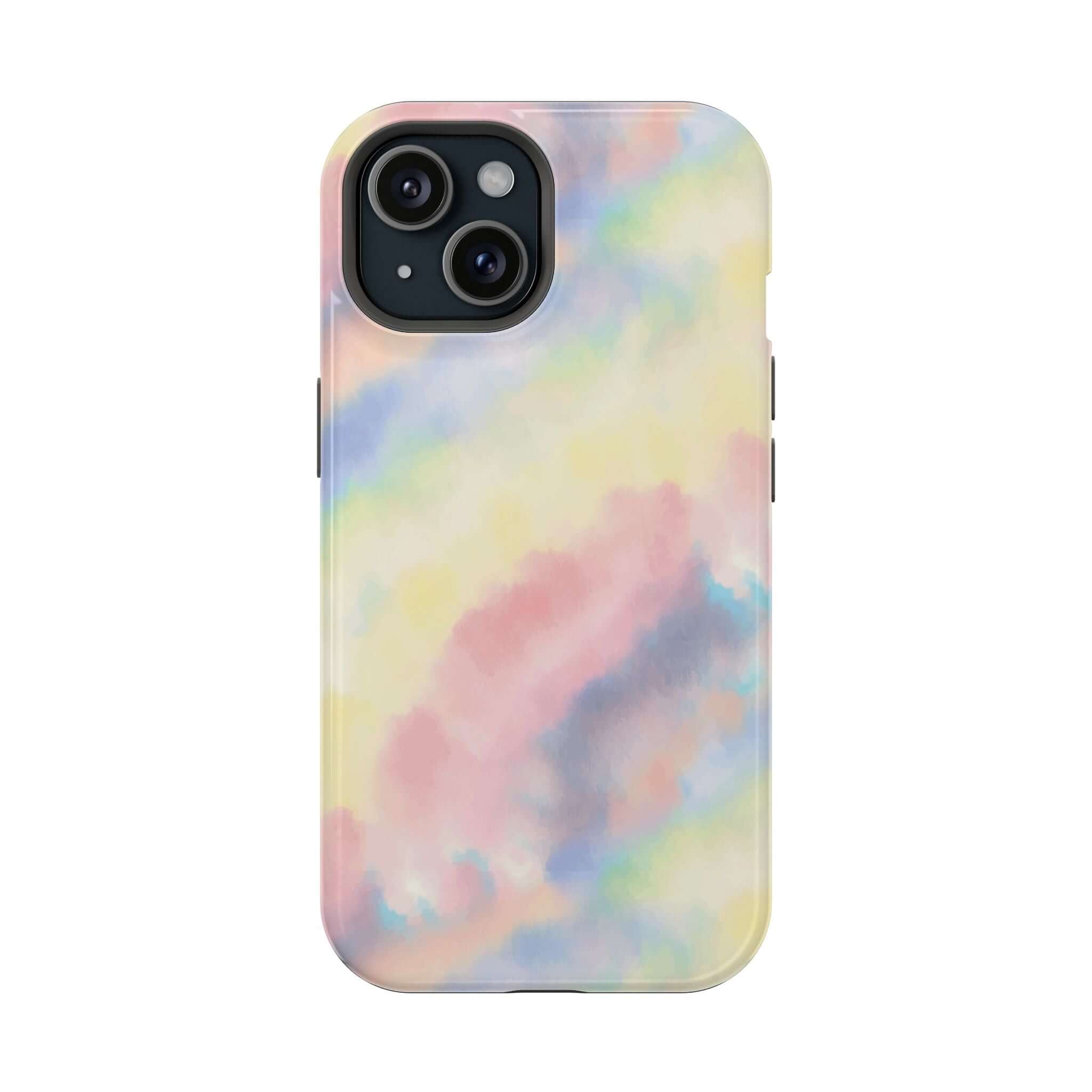 Cute pastel tie dye iPhone case with MagSafe, Unicorn Dreams design, custom phone case for a magical touch.