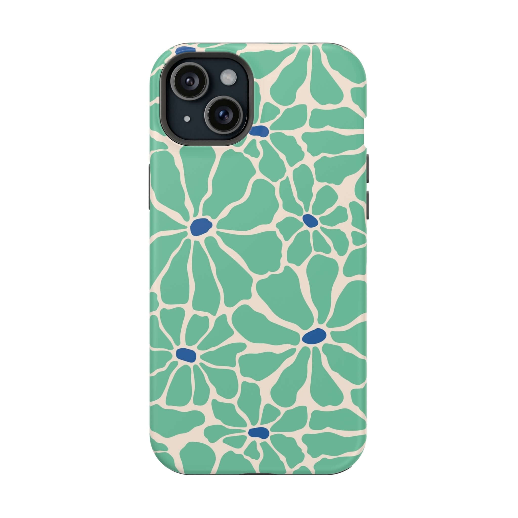 Cute Retro Floral Case for iPhone with vibrant green and blue flower pattern, perfect for stylish phone protection.