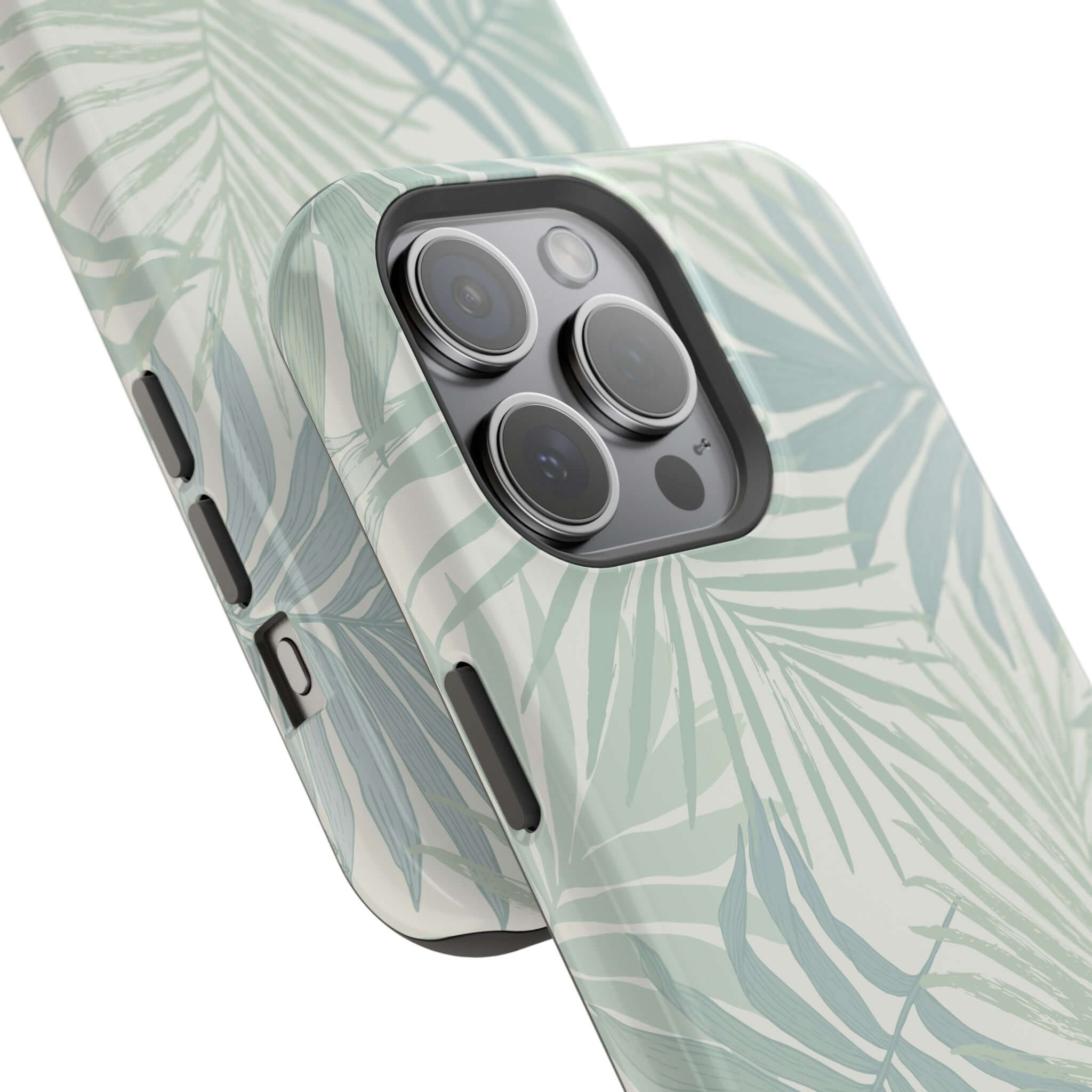 Teal tropical iPhone case with palm tree design, featuring MagSafe technology and free shipping from cute phone case brands.