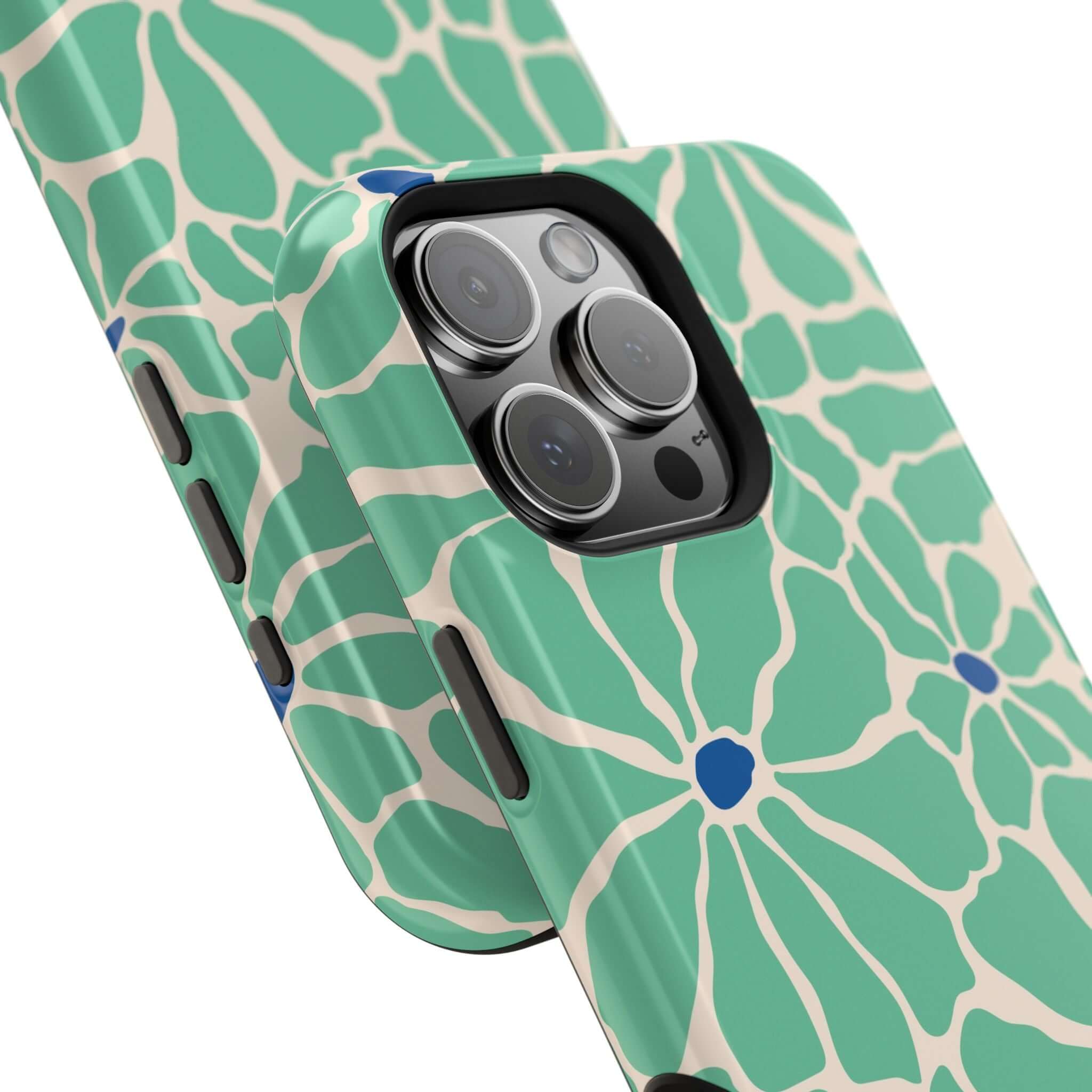 Cute Tropical Splash Retro Floral Case for Apple iPhone, showcasing vibrant green floral design and MagSafe compatibility.