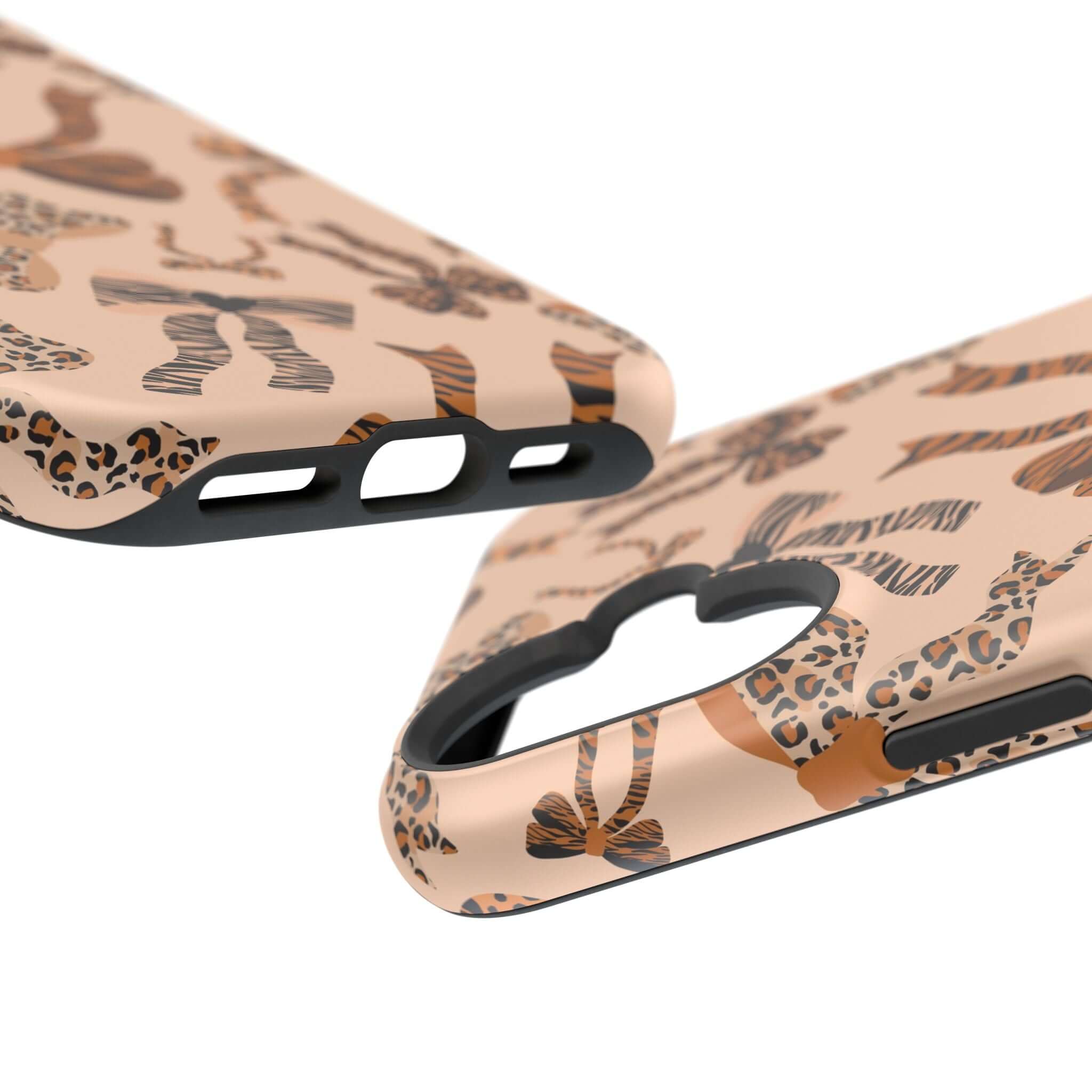 Safari Coquette iPhone case with cute leopard bows, colorful and playful design, abstract and stylish phone accessory.