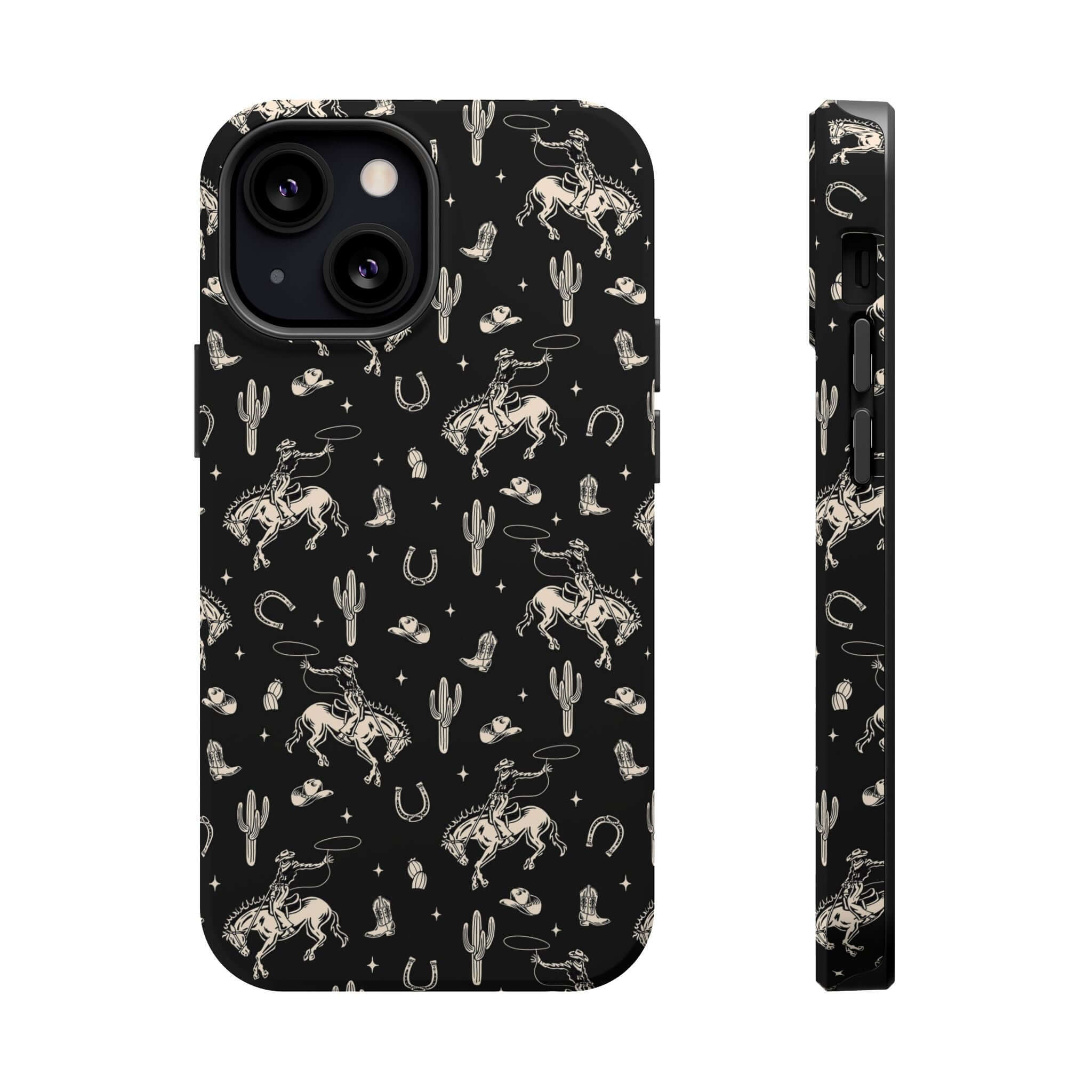 Twilight Cowgirl iPhone case with black western design featuring cowgirls, cacti, and horses; cute phone case with free shipping