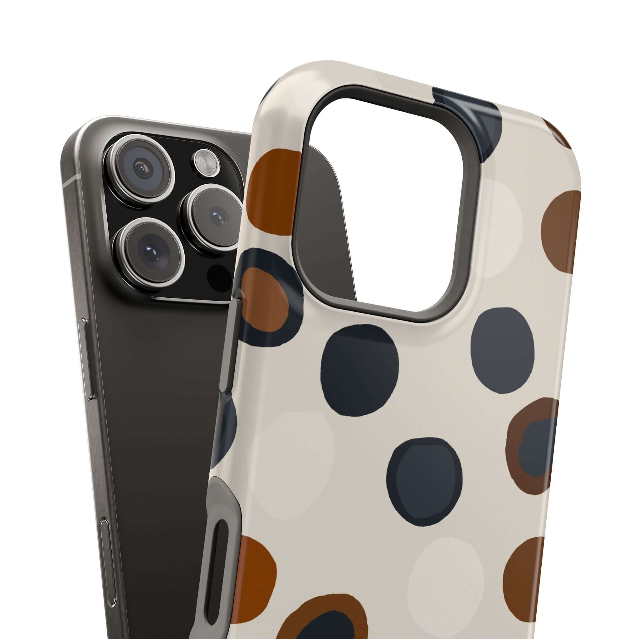 Chic Wanderer Modern Spots Case for iPhone with playful brown spots design, perfect for stylish and colorful phone protection.