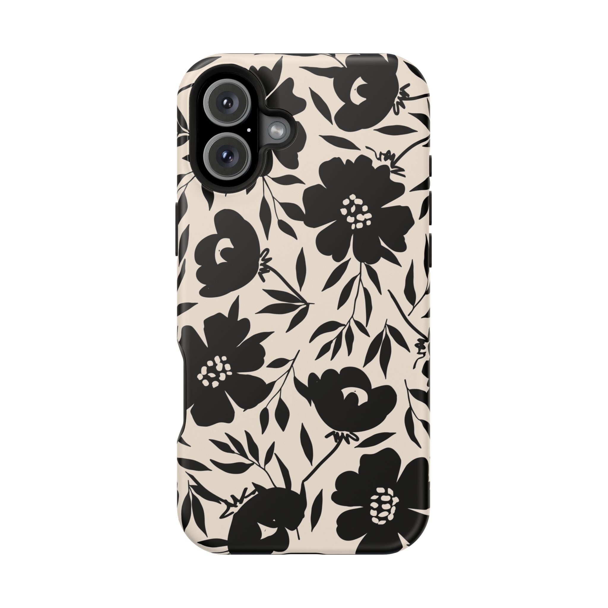 Black floral iPhone 16 case, Eclipse Garden design, featuring bold and cute flower patterns, perfect for a unique and stylish look.